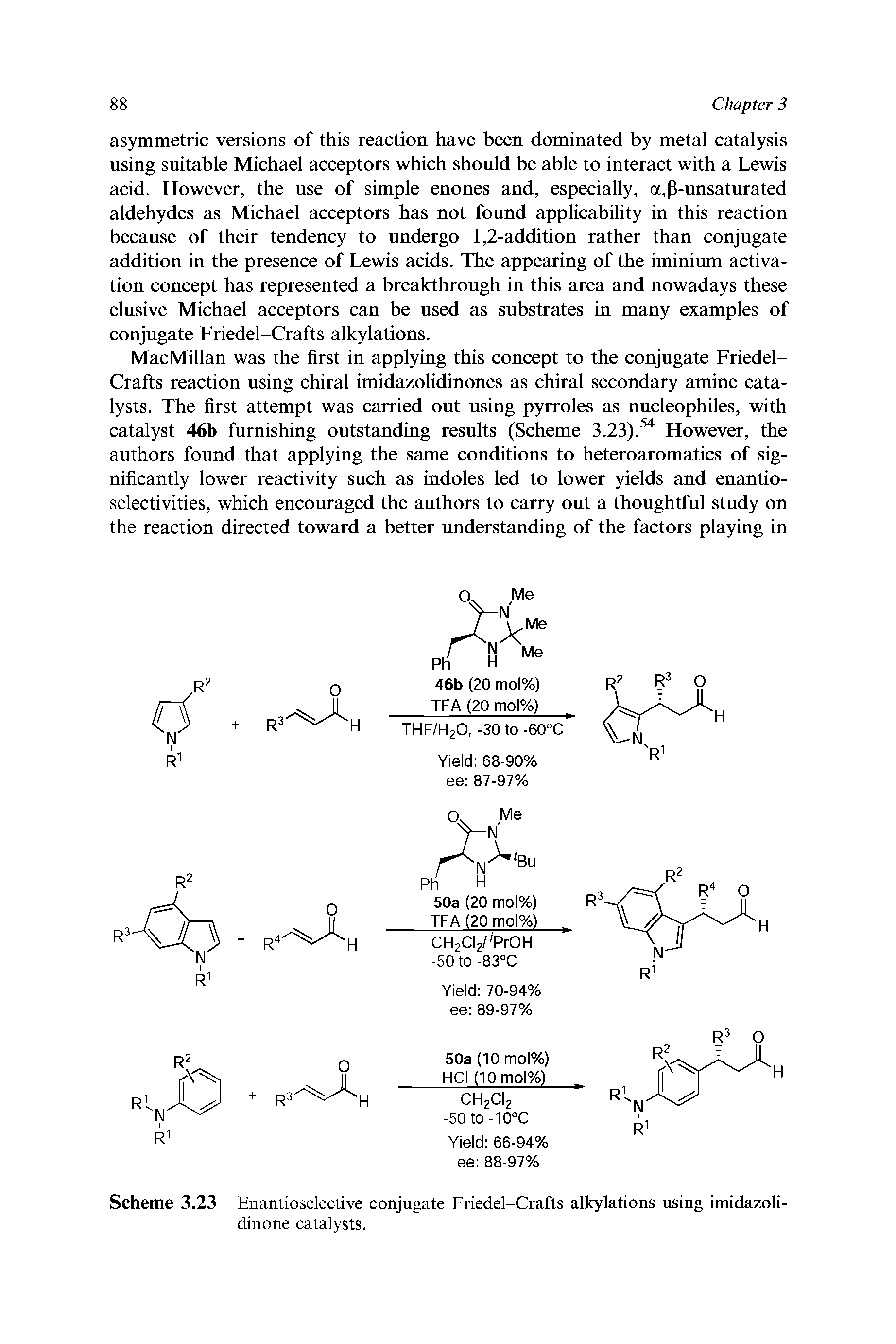 Scheme 3.23 Enantioselective conjugate Friedel-Crafts alkylations using itnidazoli-dinone catalysts.