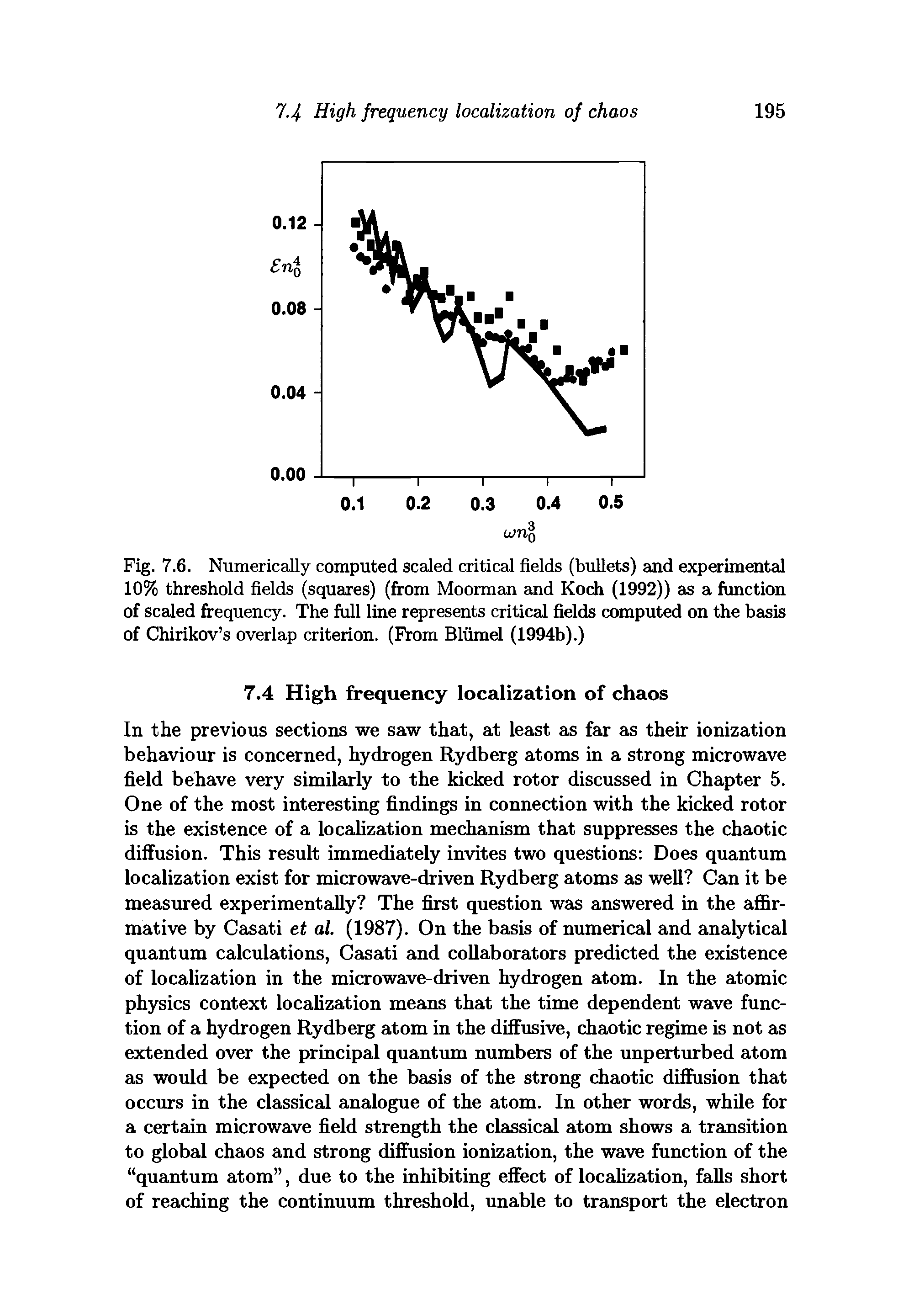 Fig. 7.6. Numerically computed scaled critical fields (bullets) and experimental 10% threshold fields (squares) (from Moorman and Koch (1992)) as a function of scaled frequency. The full line represents critical fields computed on the basis of Chirikov s overlap criterion. (From Blumel (1994b).)...