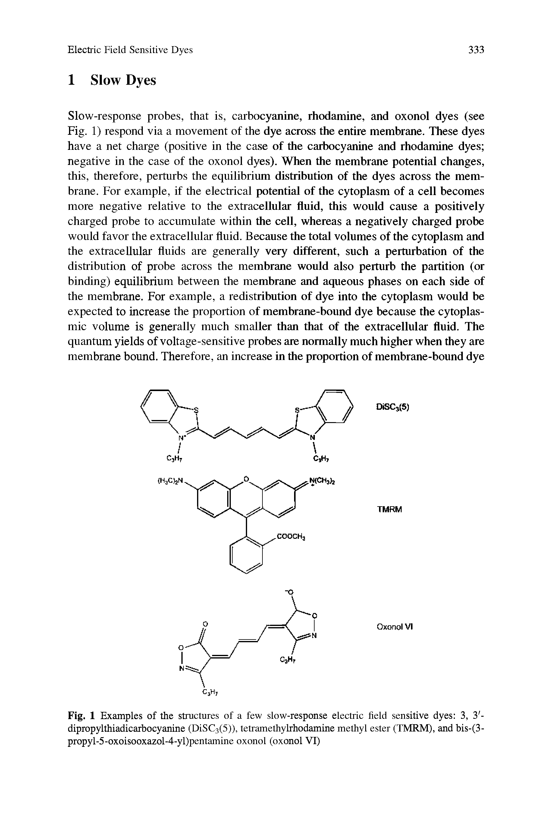 Fig. 1 Examples of the structures of a few slow-response electric field sensitive dyes 3, 3 -dipropylthiadicarbocyanine (DiSC3(5)), tetramethylrhodamine methyl ester (TMRM), and bis-(3-propyl-5-oxoisooxazol-4-yl)pentamine oxonol (oxonol VI)...