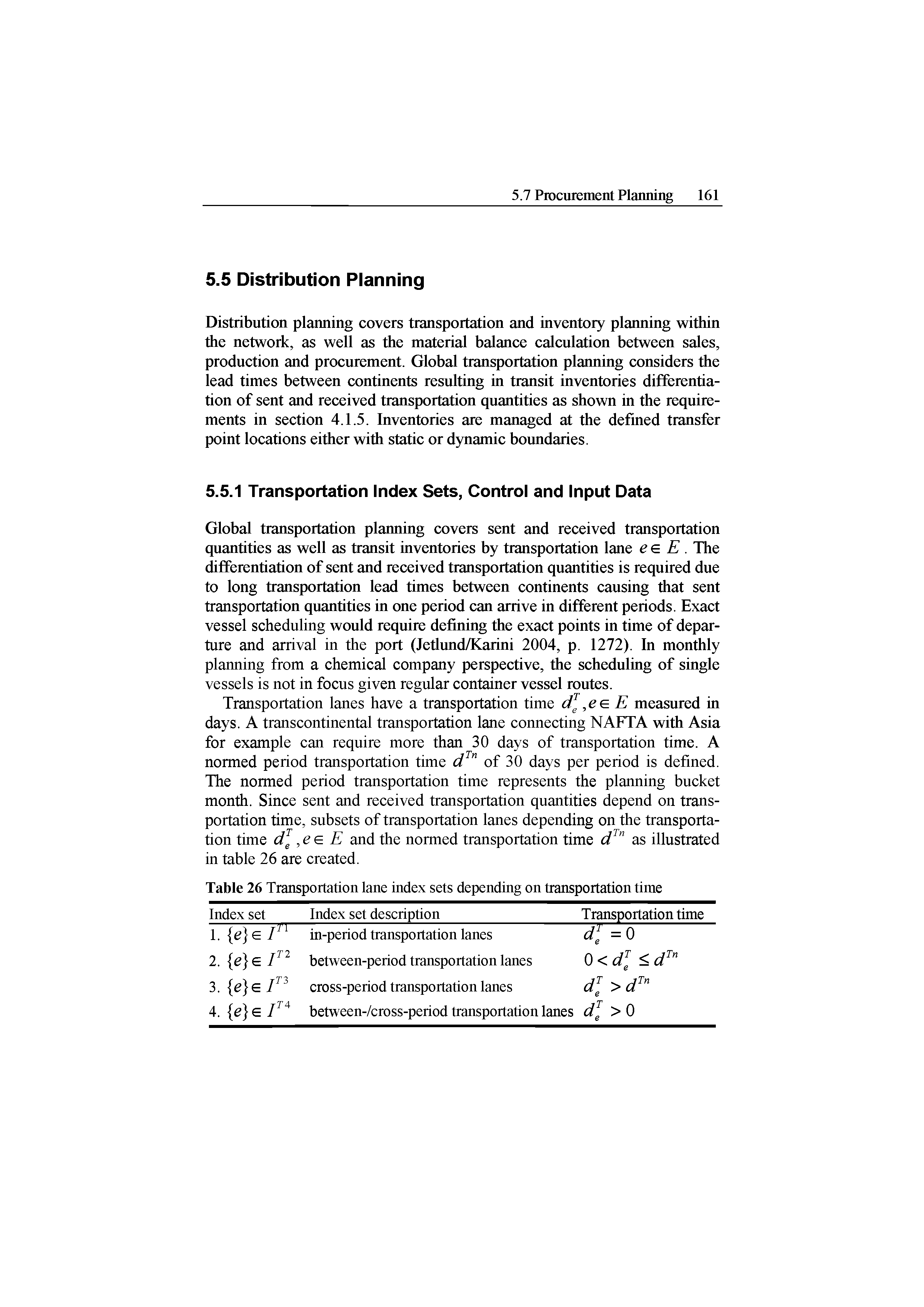 Table 26 Transportation lane index sets depending on transportation time...