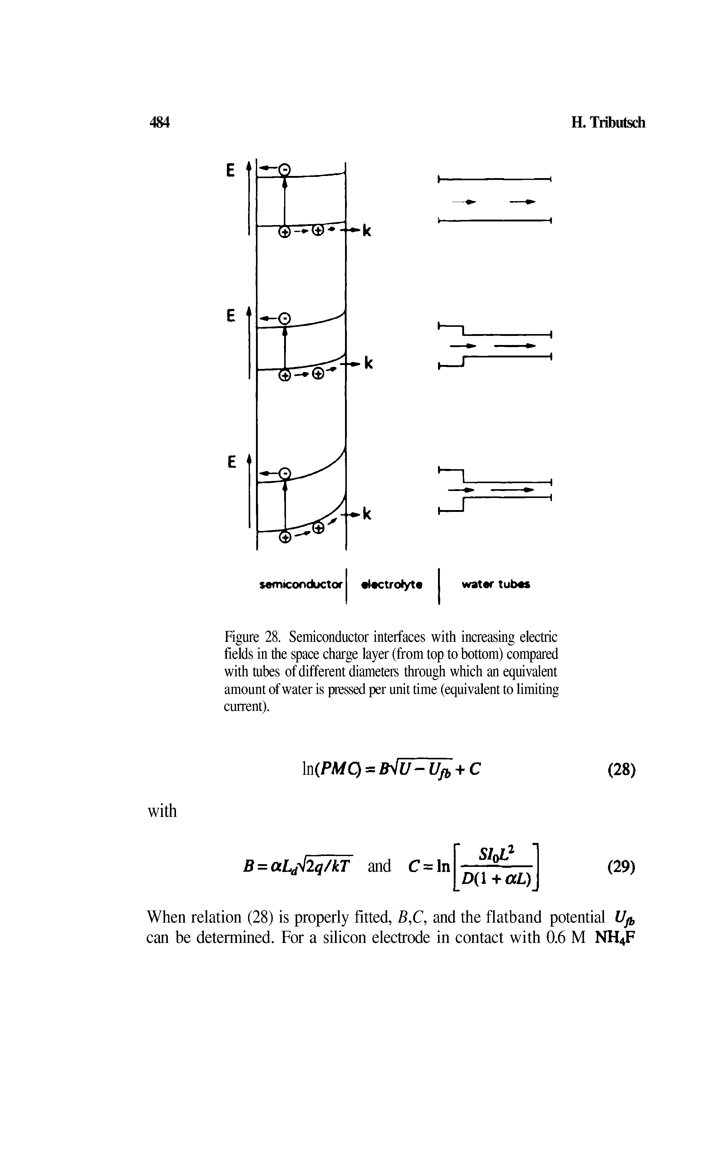 Figure 28. Semiconductor interfaces with increasing electric fields in the space charge layer (from top to bottom) compared with tubes of different diameters through which an equivalent amount of water is pressed per unit time (equivalent to limiting current).