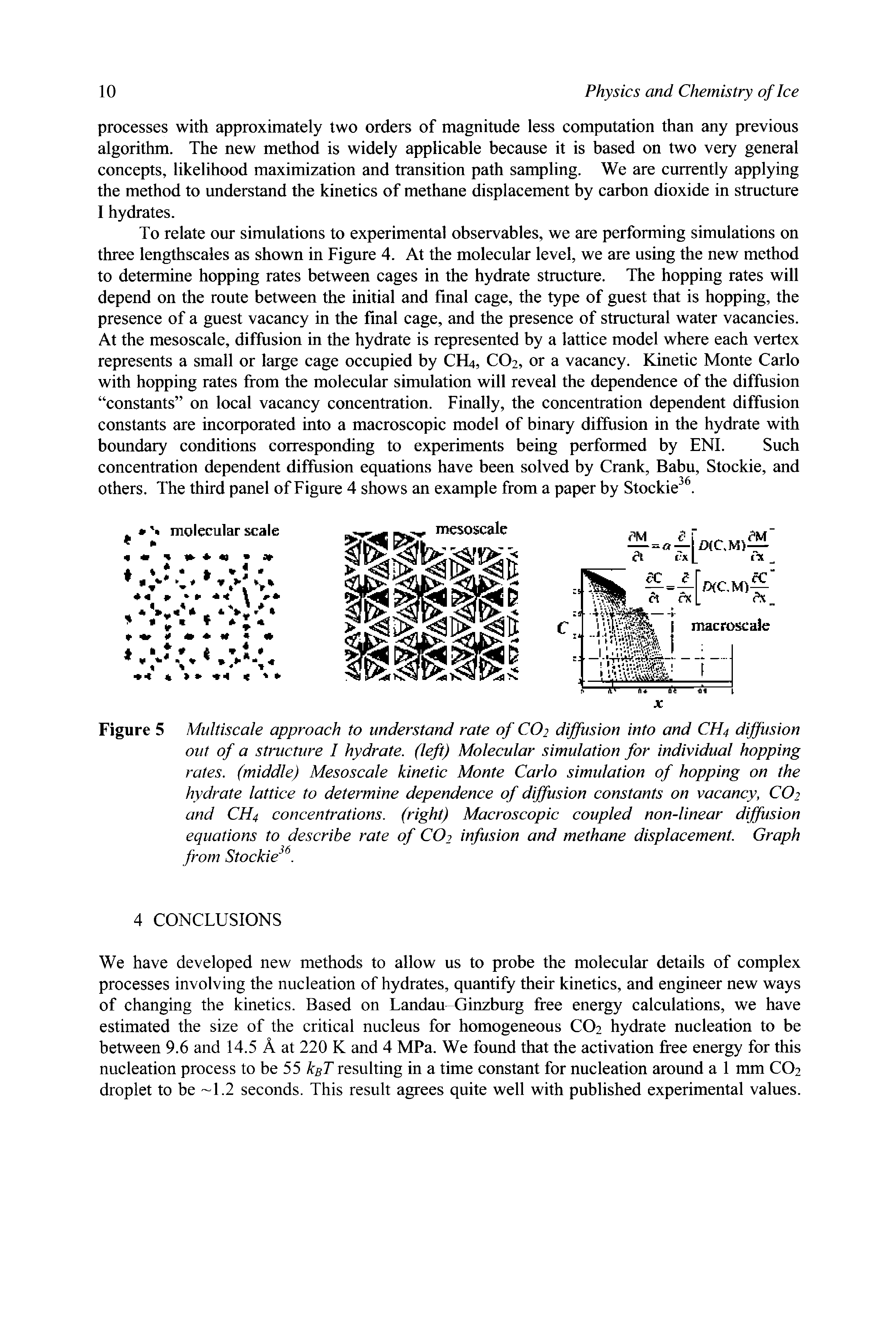 Figure 5 Multiscale approach to understand rate of CO2 diffusion into and CH4 diffusion out of a structure I hydrate, (left) Molecular simulation for individual hopping rates, (middle) Mesoscale kinetic Monte Carlo simulation of hopping on the hydrate lattice to determine dependence of diffusion constants on vacancy, CO2 and CH4 concentrations, (right) Macroscopic coupled non-linear diffusion equations to describe rate of CO2 infusion and methane displacement. Graph from Stockie. ...