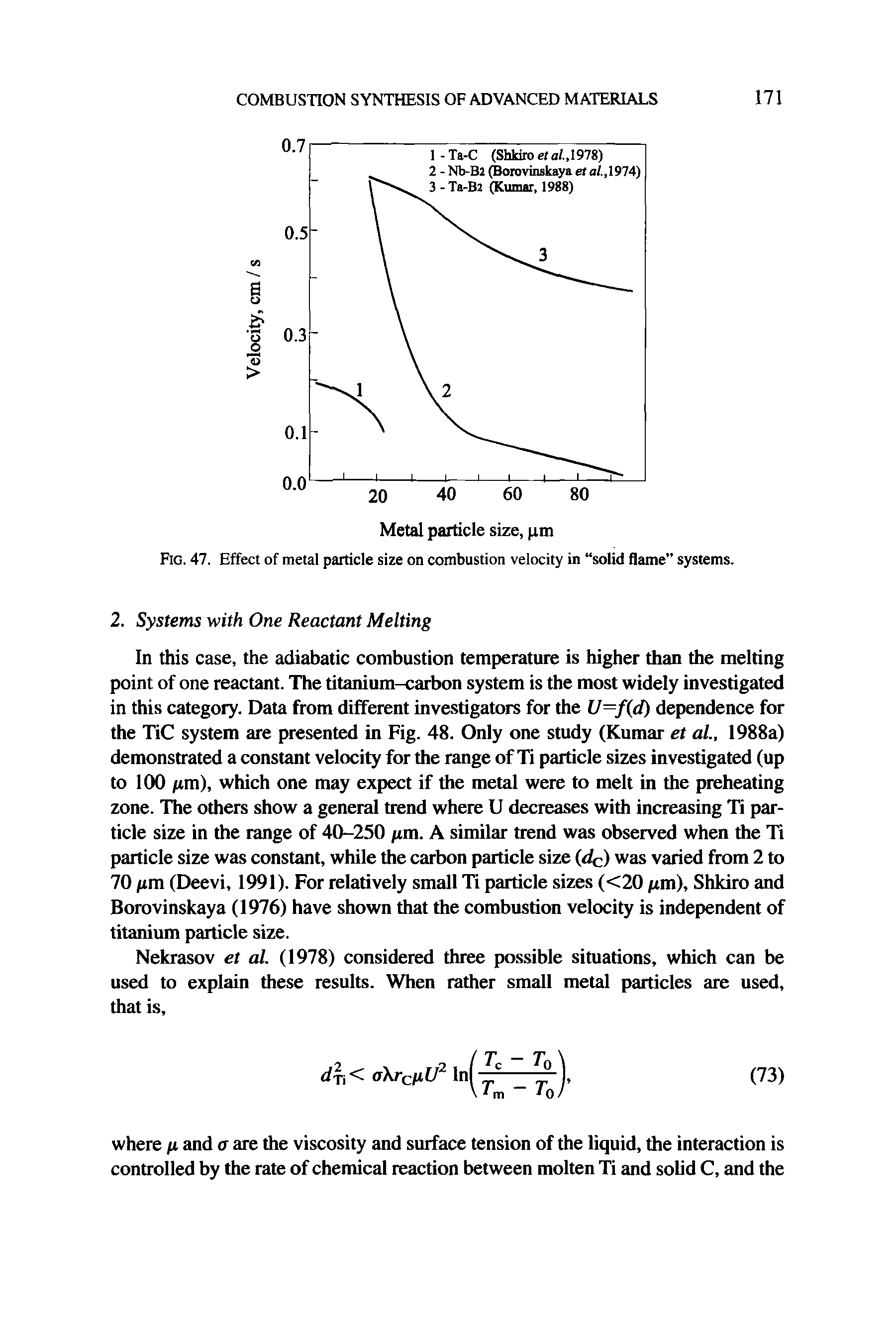 Fig. 47. Effect of metal particle size on combustion velocity in solid flame systems.