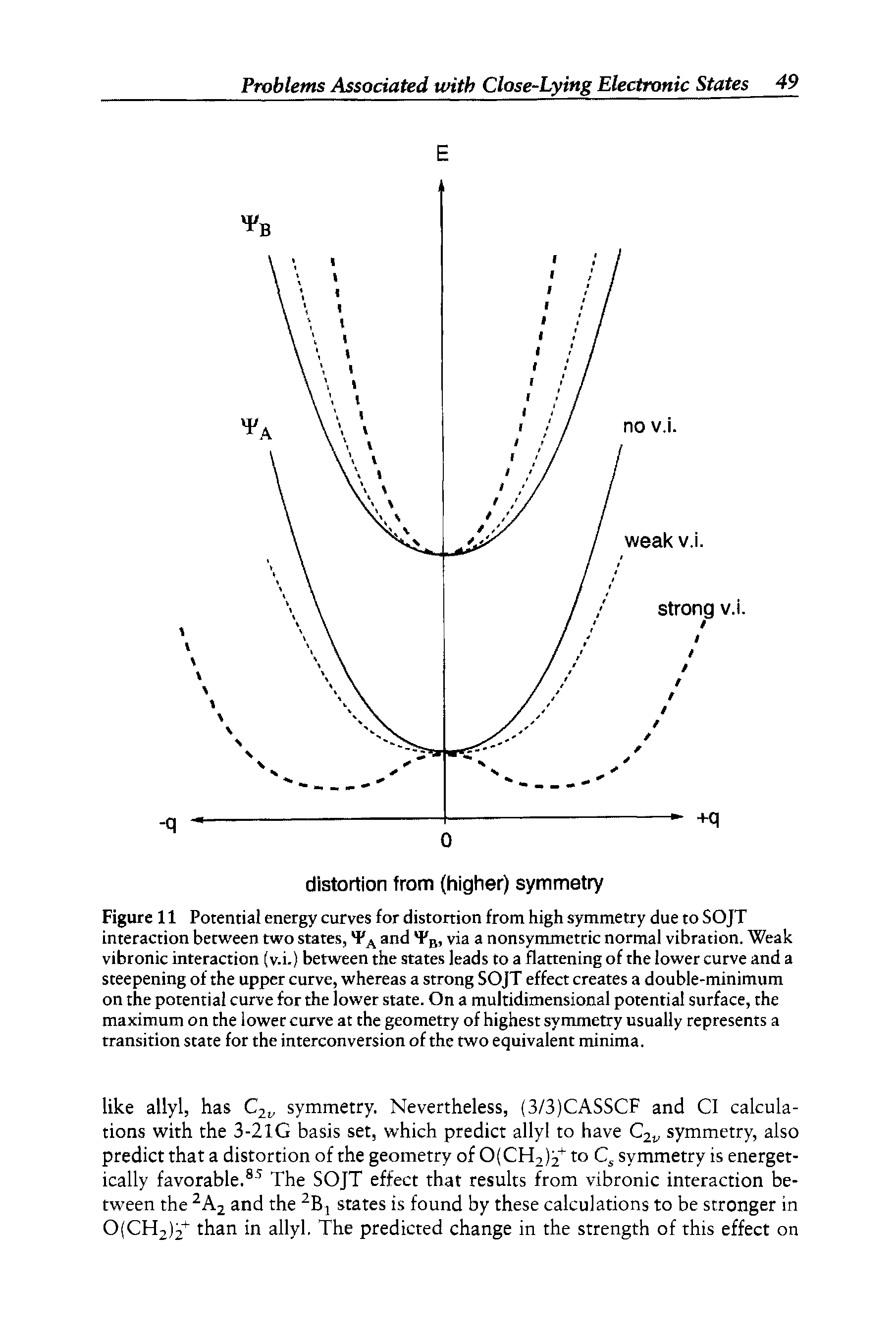Figure 11 Potential energy curves for distortion from high symmetry due to SOJT interaction between two states, and Pg, via a nonsymmetric normal vibration. Weak...