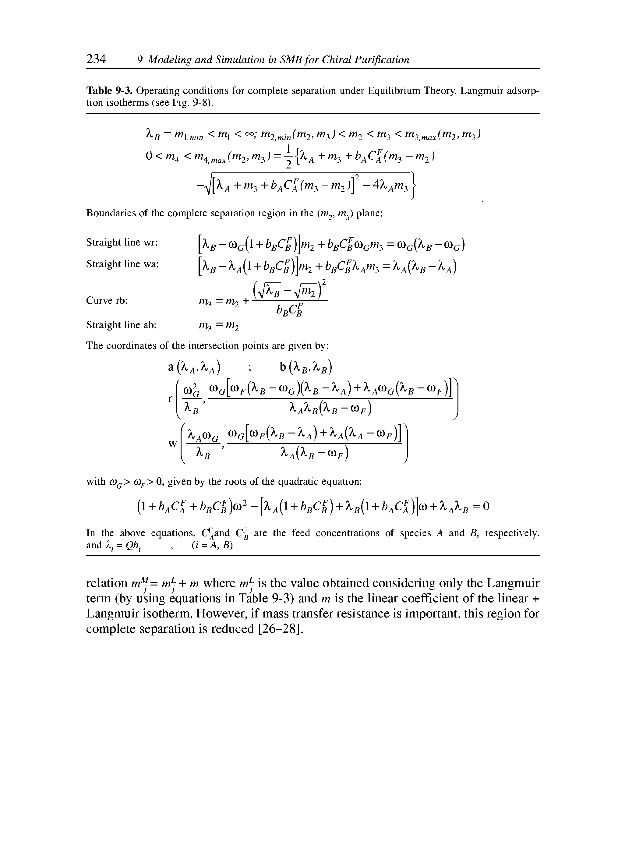 Table 9-3. Operating conditions for complete separation under Equilibrium Theory. Langmuir adsorption isotherms (see Fig. 9-8).