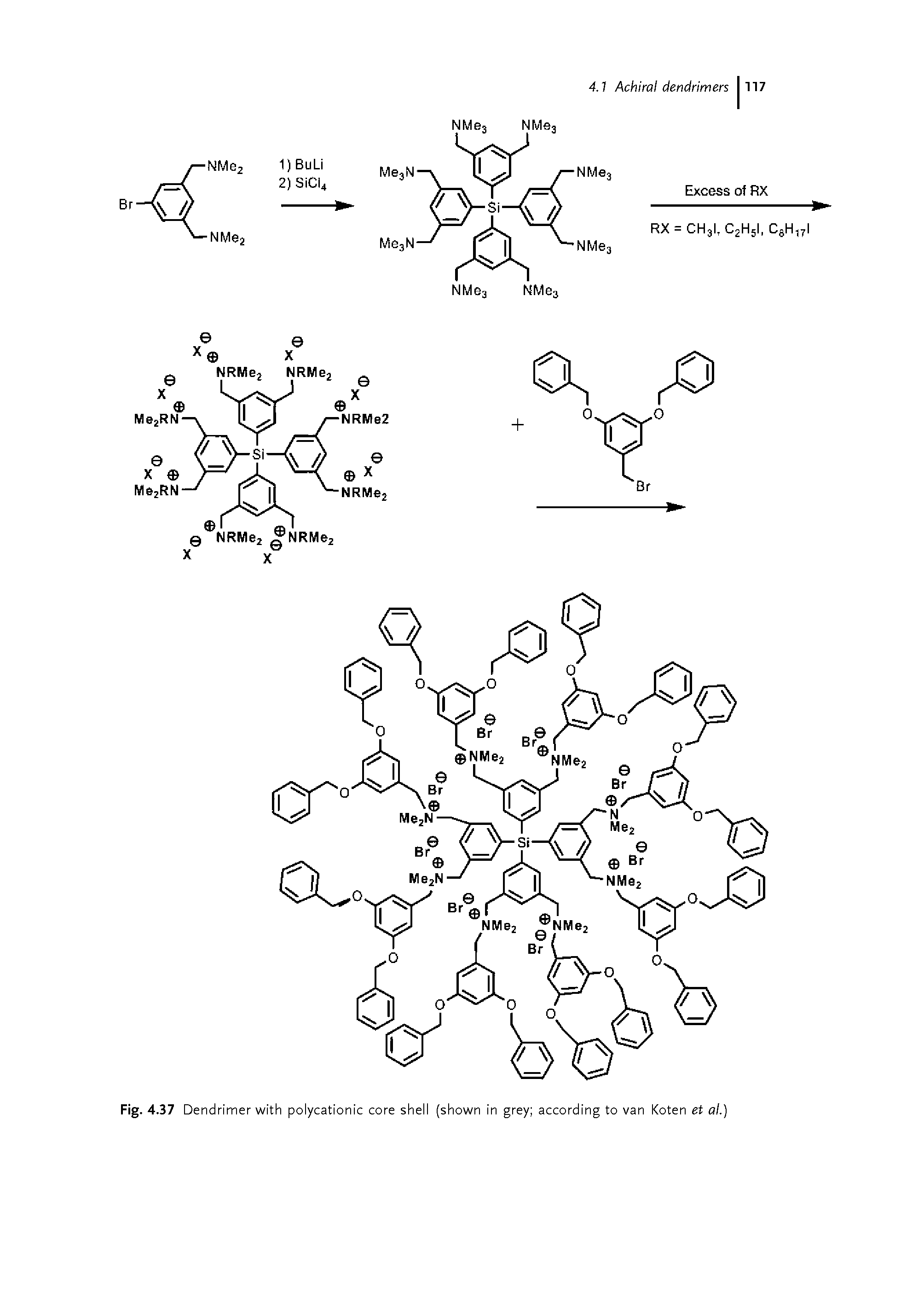 Fig. 4.37 Dendrimer with polycationic core shell (shown in grey according to van Koten et al.)...