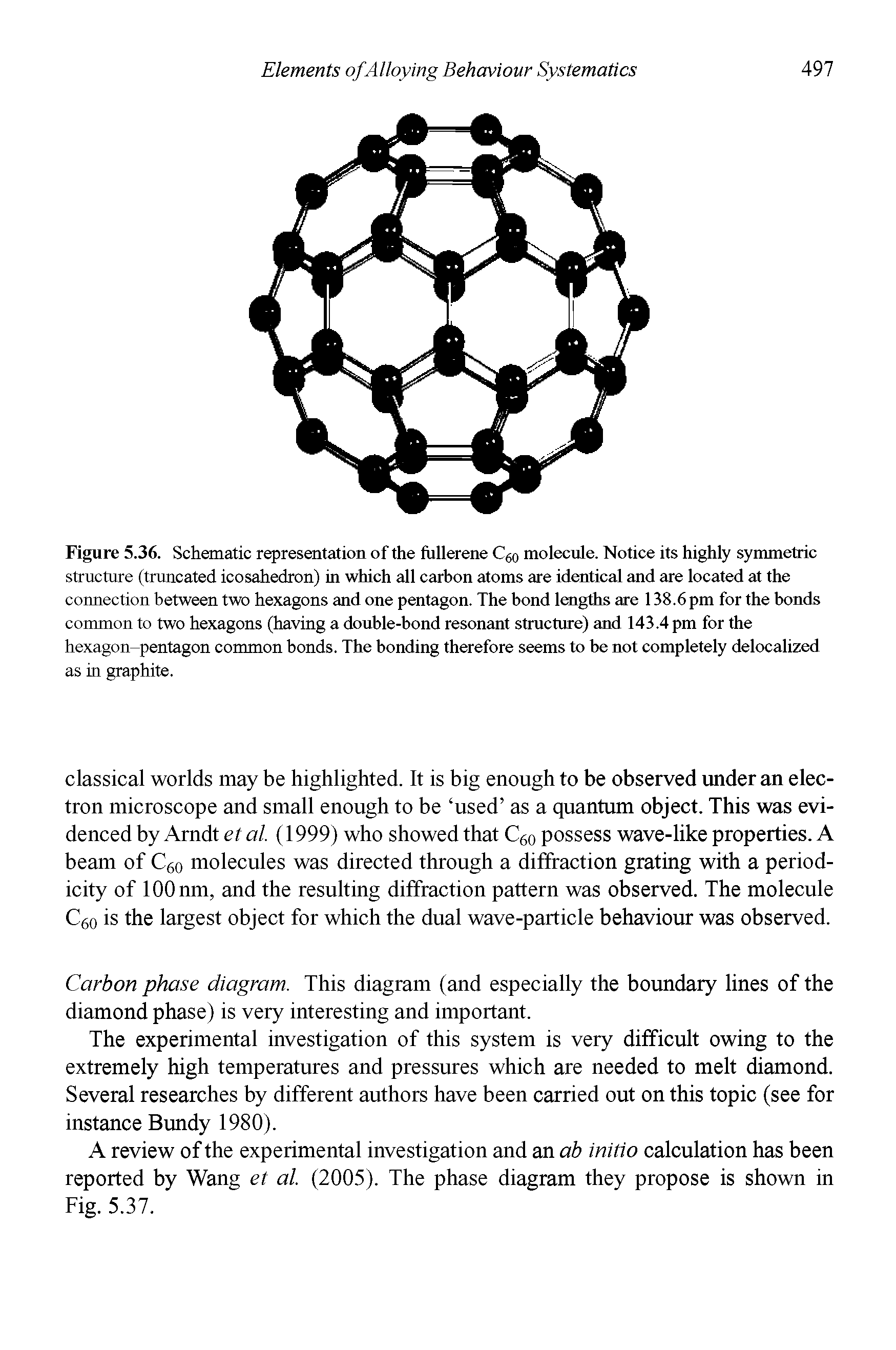 Figure 5.36. Schematic representation of the fullerene C60 molecule. Notice its highly symmetric structure (truncated icosahedron) in which all carbon atoms are identical and are located at the connection between two hexagons and one pentagon. The bond lengths are 138.6 pm for the bonds common to two hexagons (having a double-bond resonant structure) and 143.4 pm for the hexagon-pentagon common bonds. The bonding therefore seems to be not completely delocalized as in graphite.