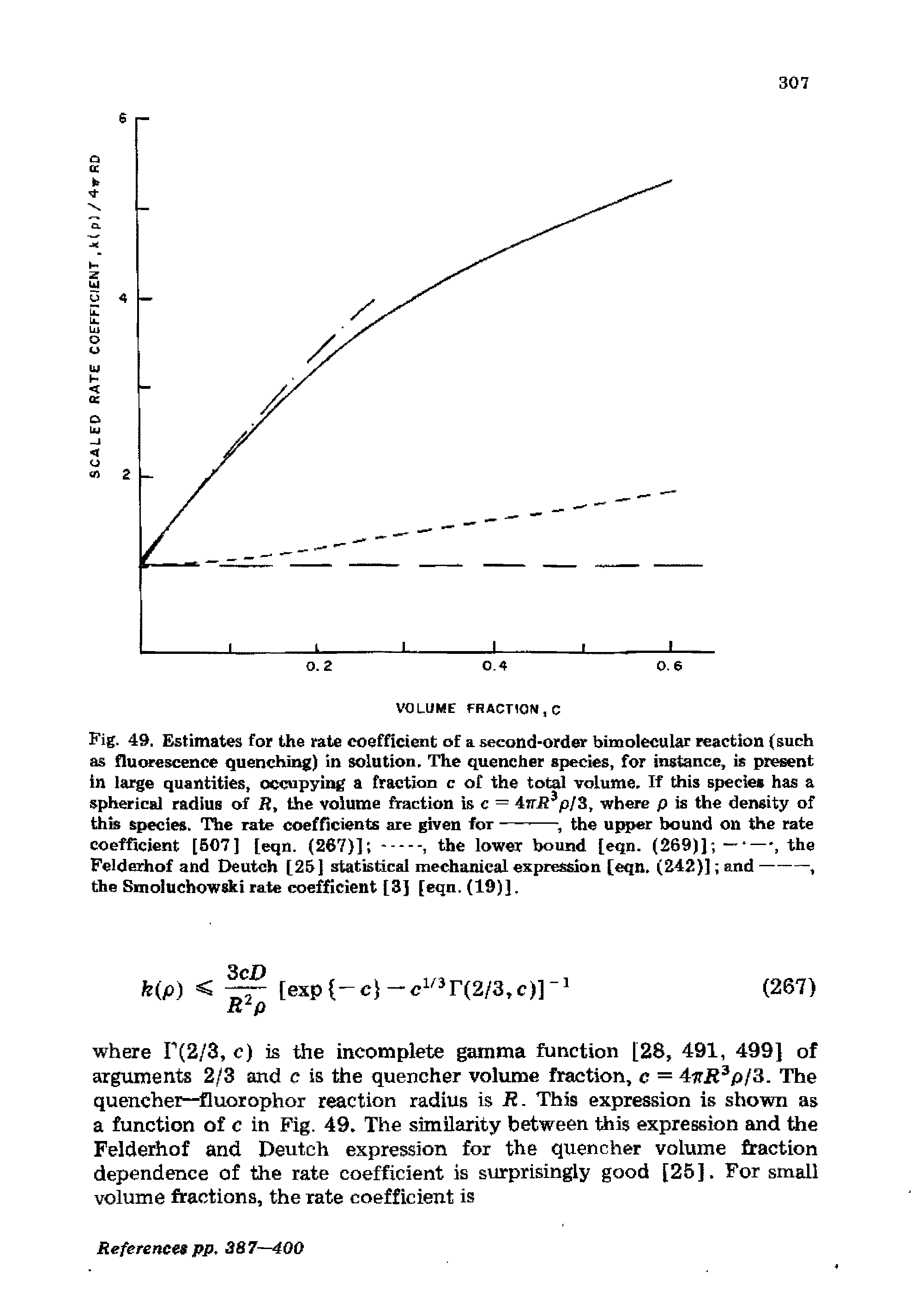 Fig. 49. Estimates for the rate coefficient of a second-order bimolecular reaction (such as fluorescence quenching) in solution. The quencher species, for instance, is present in large quantities, occupying a fraction c of the total volume. If this species has a spherical radius of R, the volume fraction is c = 4irI Jp/3, where p is the density of...
