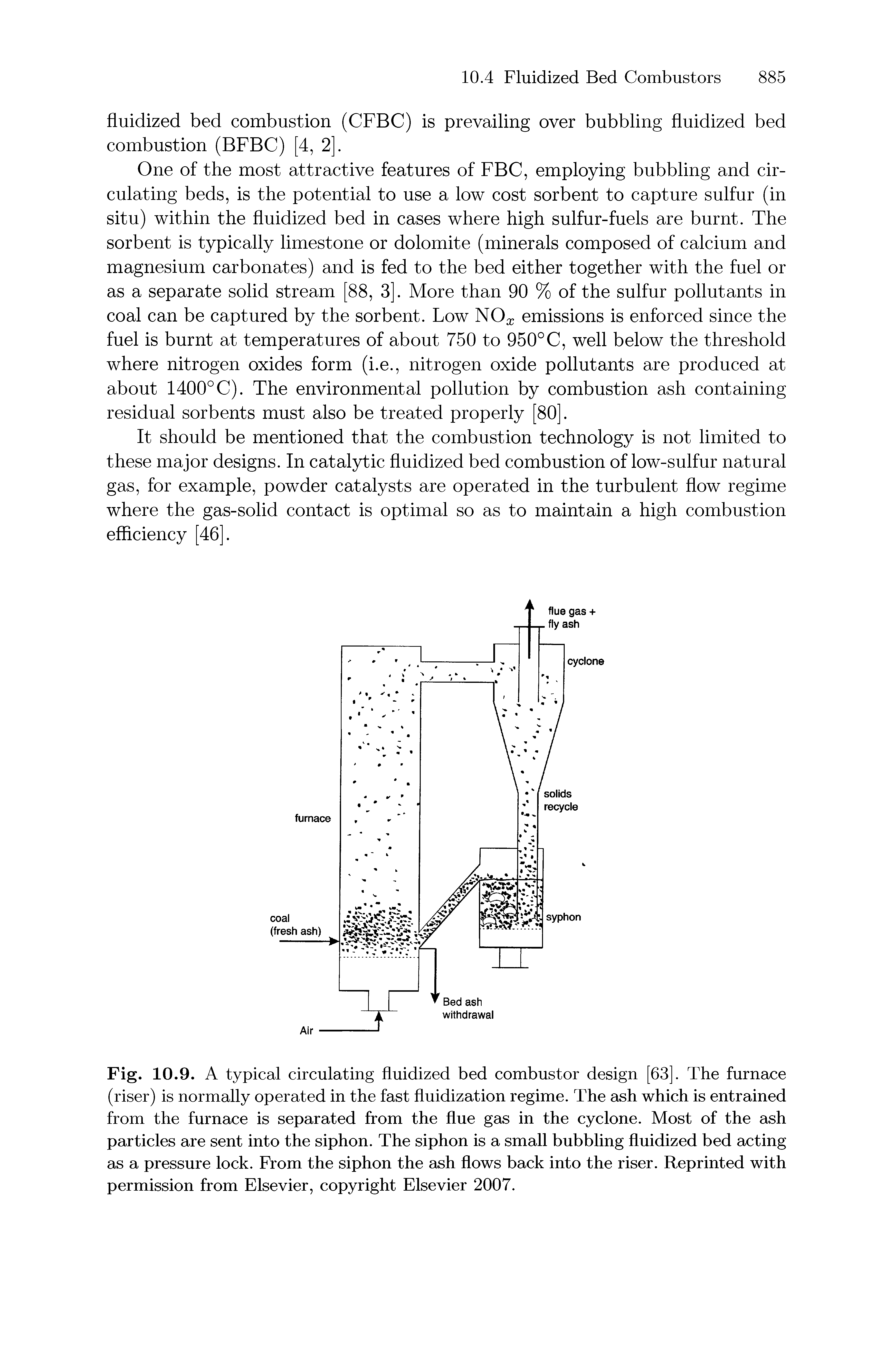 Fig. 10.9. A typical circulating fluidized bed combustor design [63]. The furnace (riser) is normally operated in the fast fluidization regime. The ash which is entrained from the furnace is separated from the flue gas in the cyclone. Most of the ash particles are sent into the siphon. The siphon is a small bubbling fluidized bed acting as a pressure lock. From the siphon the ash flows back into the riser. Reprinted with permission from Elsevier, copyright Elsevier 2007.