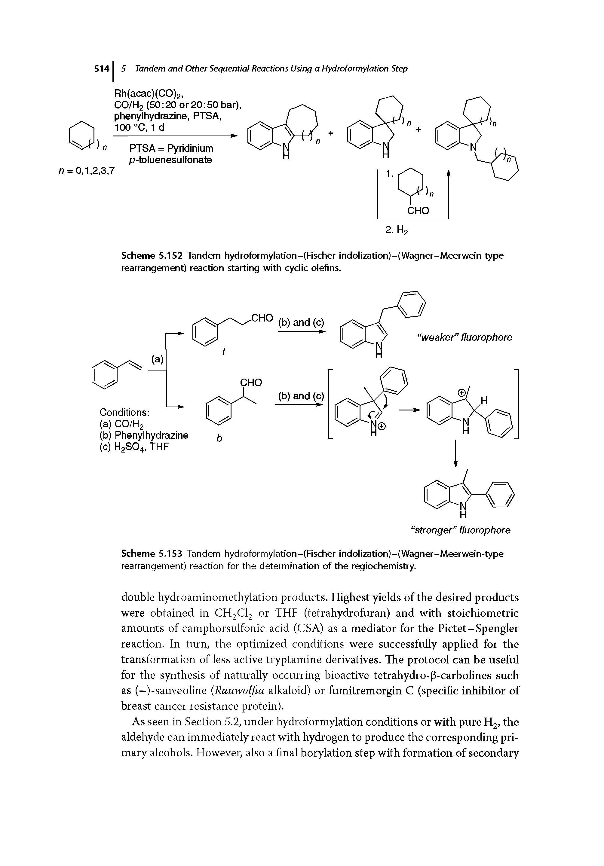 Scheme 5.152 Tandem hydrofbrmylation-(Fischer indolization)-(Wagner-Meerwein-type rearrangement) reaction starting with cyclic olefins.