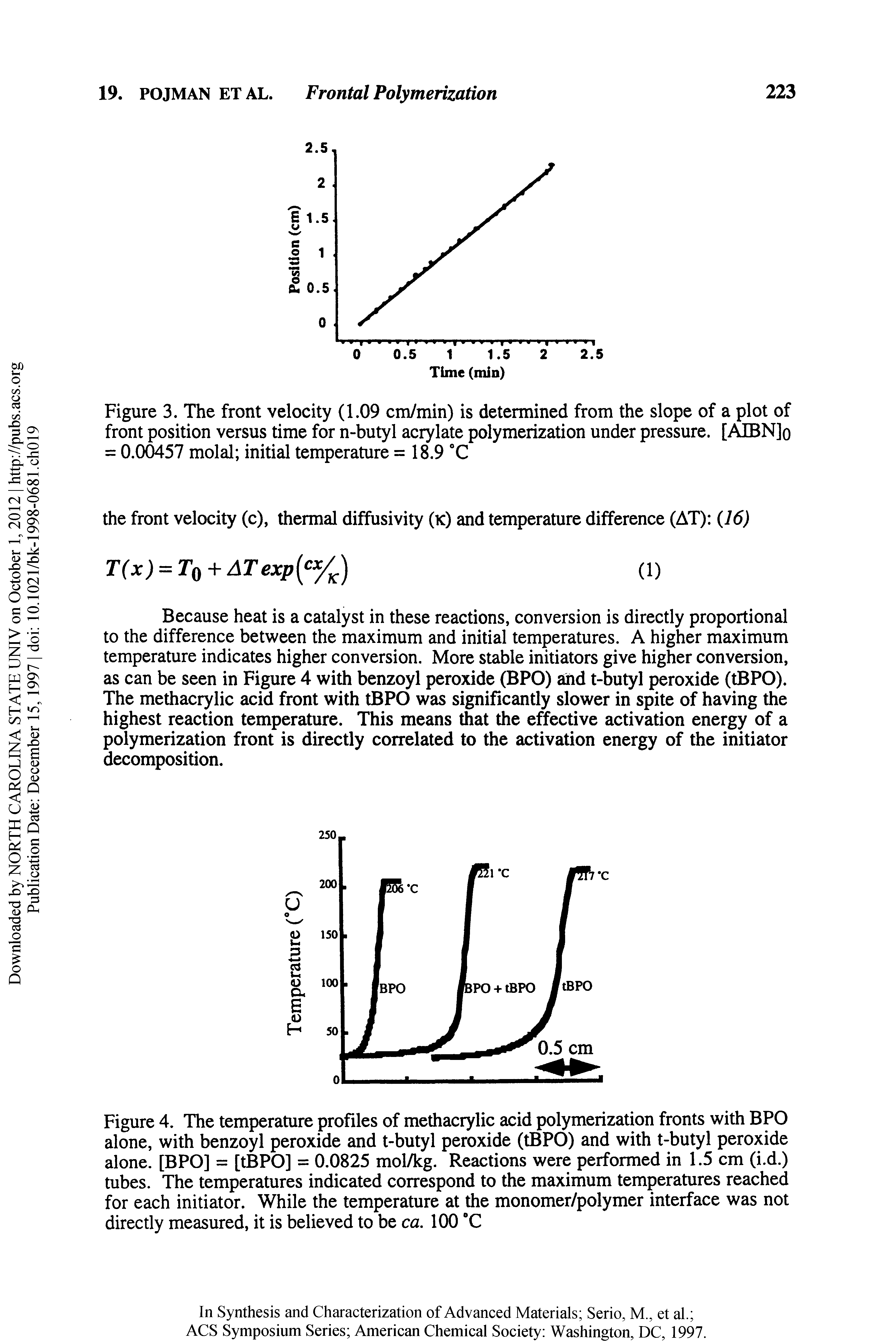 Figure 4. The temperature profiles of methacrylic acid polymerization fronts with BPO alone, with benzoyl peroxide and t-butyl peroxide (tBPO) and with t-butyl peroxide alone. [BPO] = [tBPO] = 0.0825 mol/kg. Reactions were performed in 1.5 cm (i.d.) tubes. The temperatures indicated correspond to the maximum temperatures reached for each initiator. While the temperature at the monomer/polymer interface was not directly measured, it is believed to be ca. 100 "C...