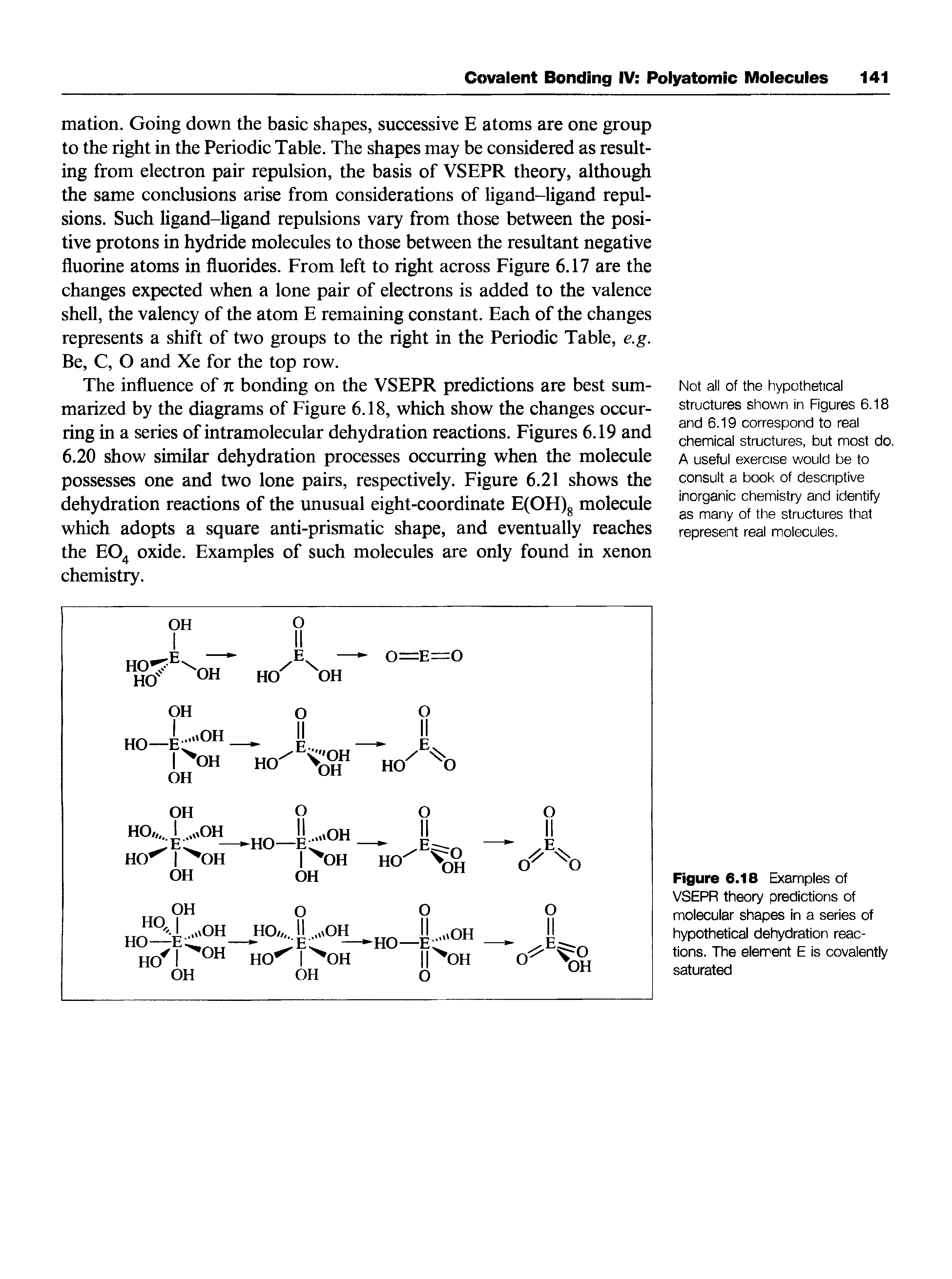 Figure 6.18 Examples of VSEPR theory predictions of molecular shapes in a series of hypothetical dehydration reactions. The element E is covalently saturated...
