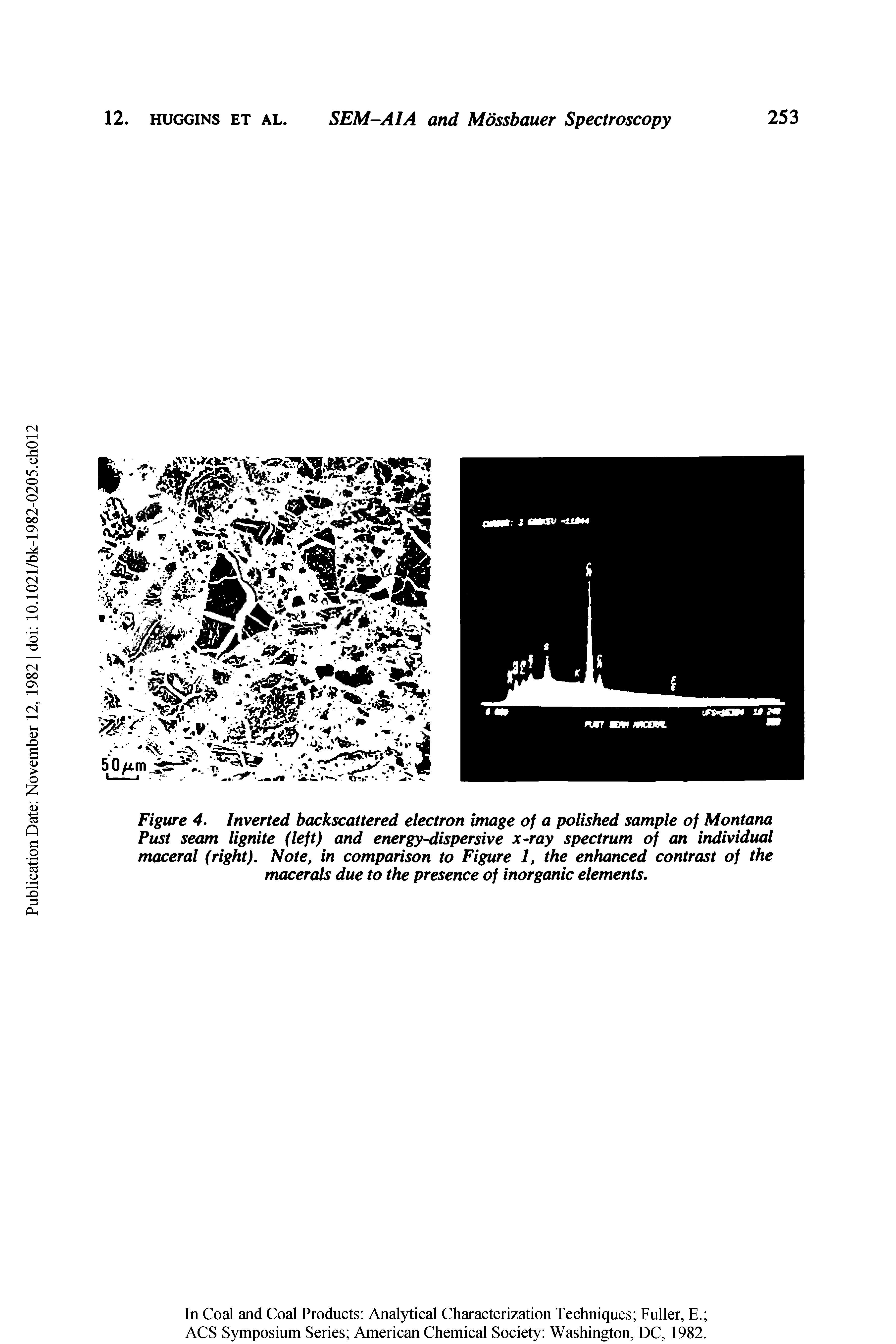 Figure 4. Inverted backscattered electron image of a polished sample of Montana Past seam lignite (left) and energy-dispersive x-ray spectrum of an individual maceral (right). Note, in comparison to Figure 1, the enhanced contrast of the macerals due to the presence of inorganic elements.