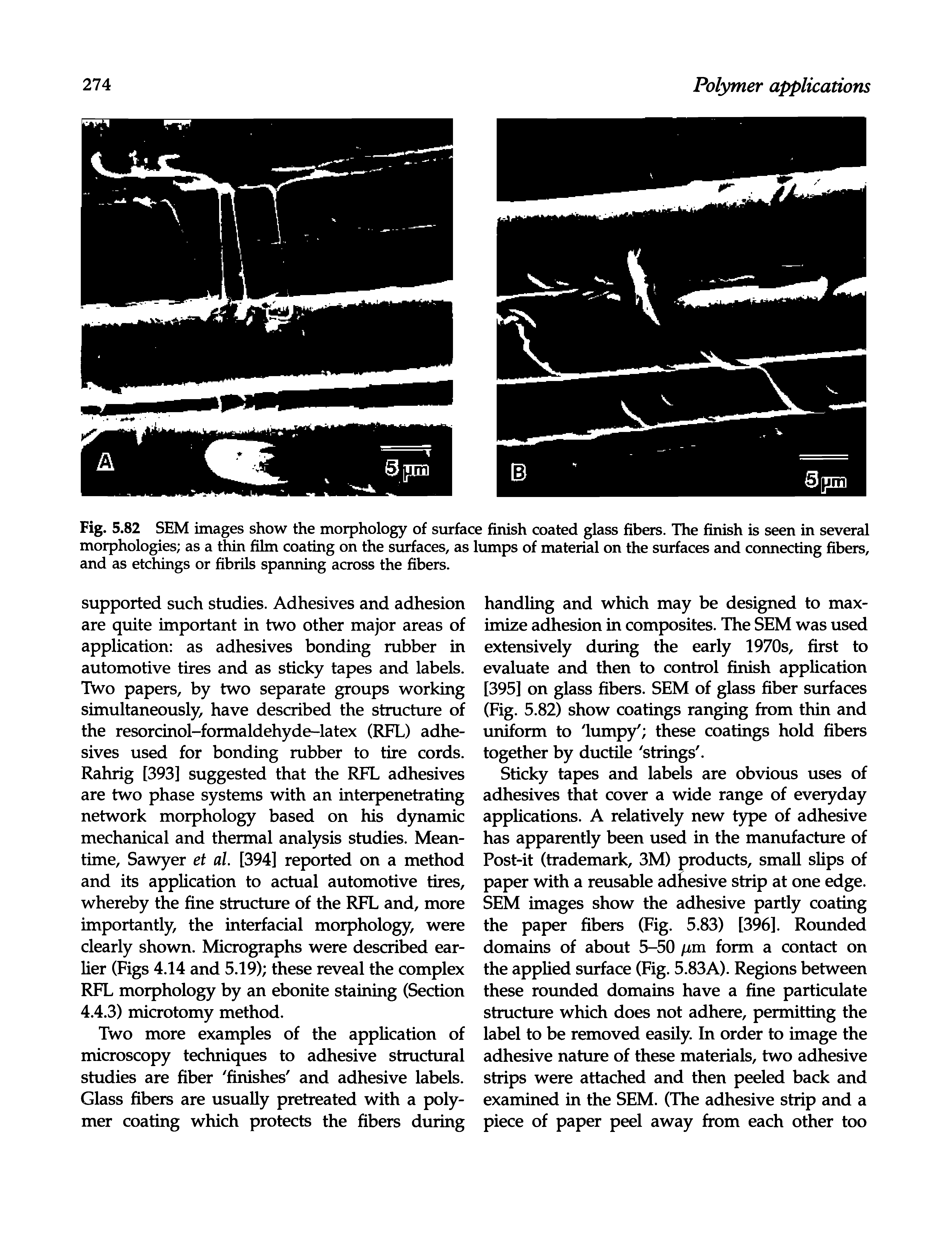 Fig. 5.82 SEM images show the morphology of surface finish coated glass fibers. The finish is seen in several morphologies as a thin film coating on the surfaces, as lumps of material on the surfaces and connecting fibers, and as etchings or fibrils spanning across the fibers.