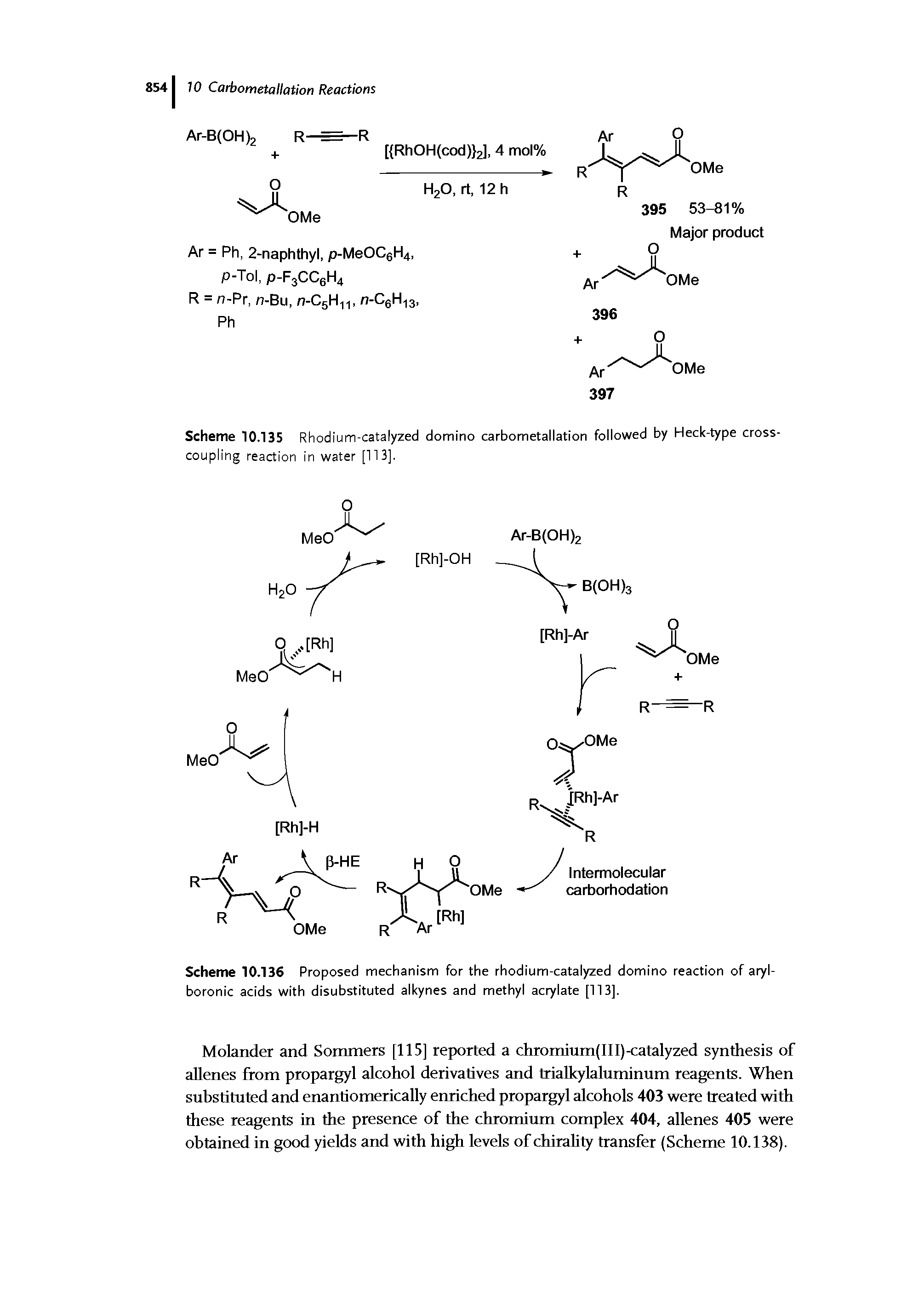 Scheme 10.136 Proposed mechanism for the rhodium-catalyzed domino reaction of aryl-boronic acids with disubstituted alkynes and methyl acrylate [113].