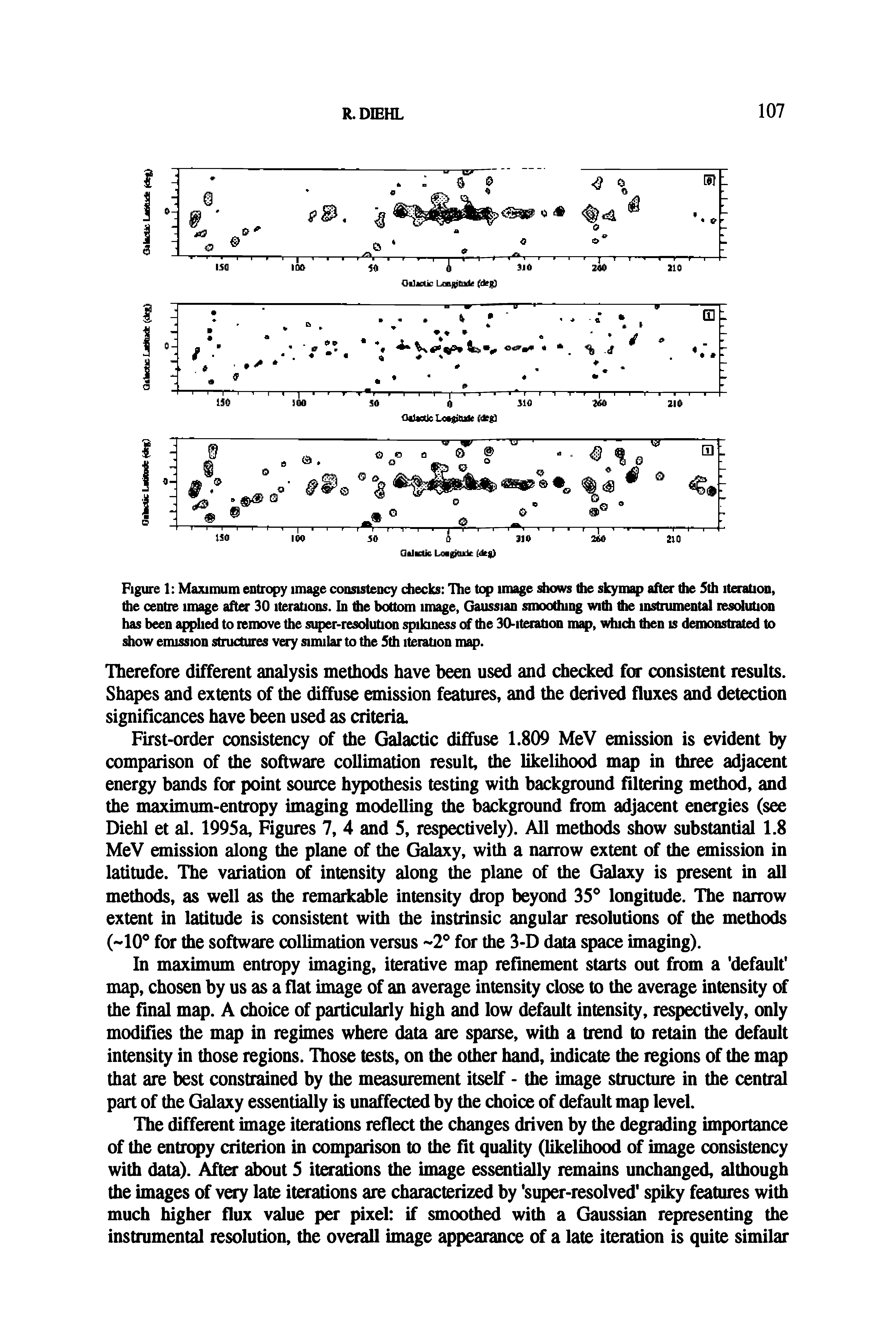 Figure 1 Maximum entropy image consistency checks The top image diows ttie skymap after the 5tfa iteration, the centre image after 30 iterations. In the bottom image, Gaussian smoothing witfi the instrumental resolution has been applied to remove the s ier-resolution spikiness of the 30-iteration map, which then is demonstrated to show emission structures very smular to the 5th iteration map.