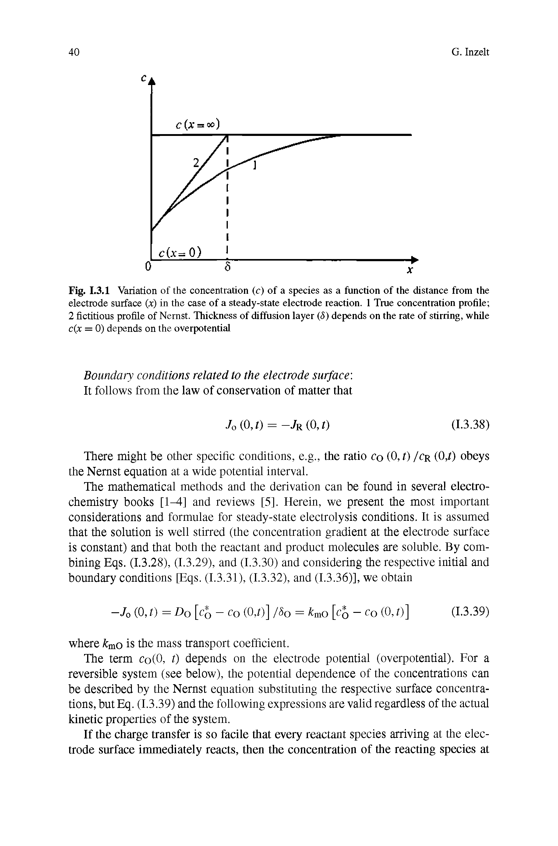 Fig. 1.3.1 Variation of the concentration (c) of a species as a function of the disttince from the electrode surface (x) in the case of a steady-state electrode reaction. 1 True concentration profiie 2 fictitious profile of Nernst. Thickness of diffusion layer (5) depends on the rate of stirring, while c(x = 0) depends on the overpotential...