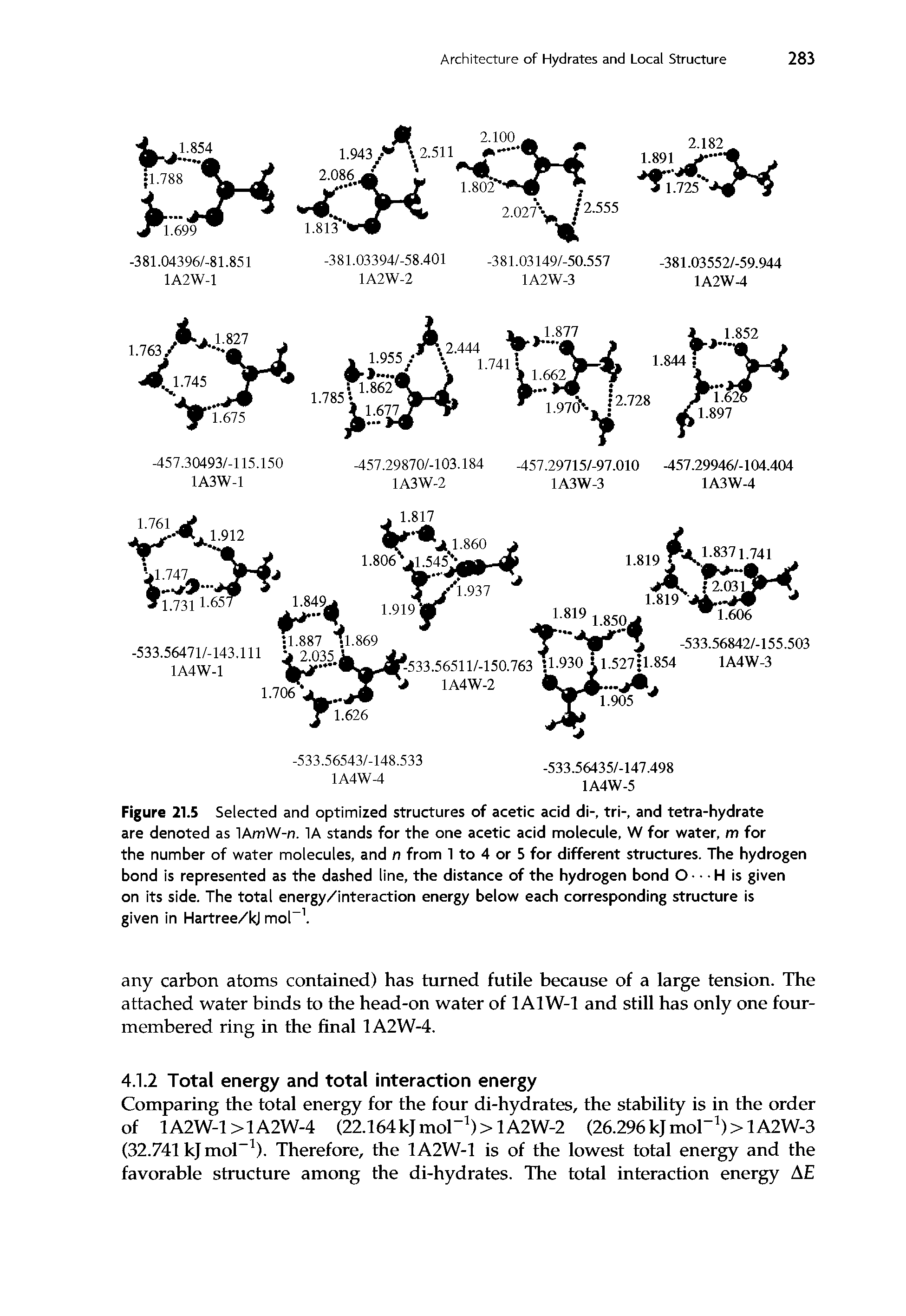 Figure 21.5 Selected and optimized structures of acetic acid di-, tri-, and tetra-hydrate are denoted as lAmW-n. 1A stands for the one acetic acid molecule, W for water, m for the number of water molecules, and n from 1 to 4 or 5 for different structures. The hydrogen bond is represented as the dashed line, the distance of the hydrogen bond O H is given on its side. The total energy/interaction energy below each corresponding structure is given in Hartree/kJ mol-1.