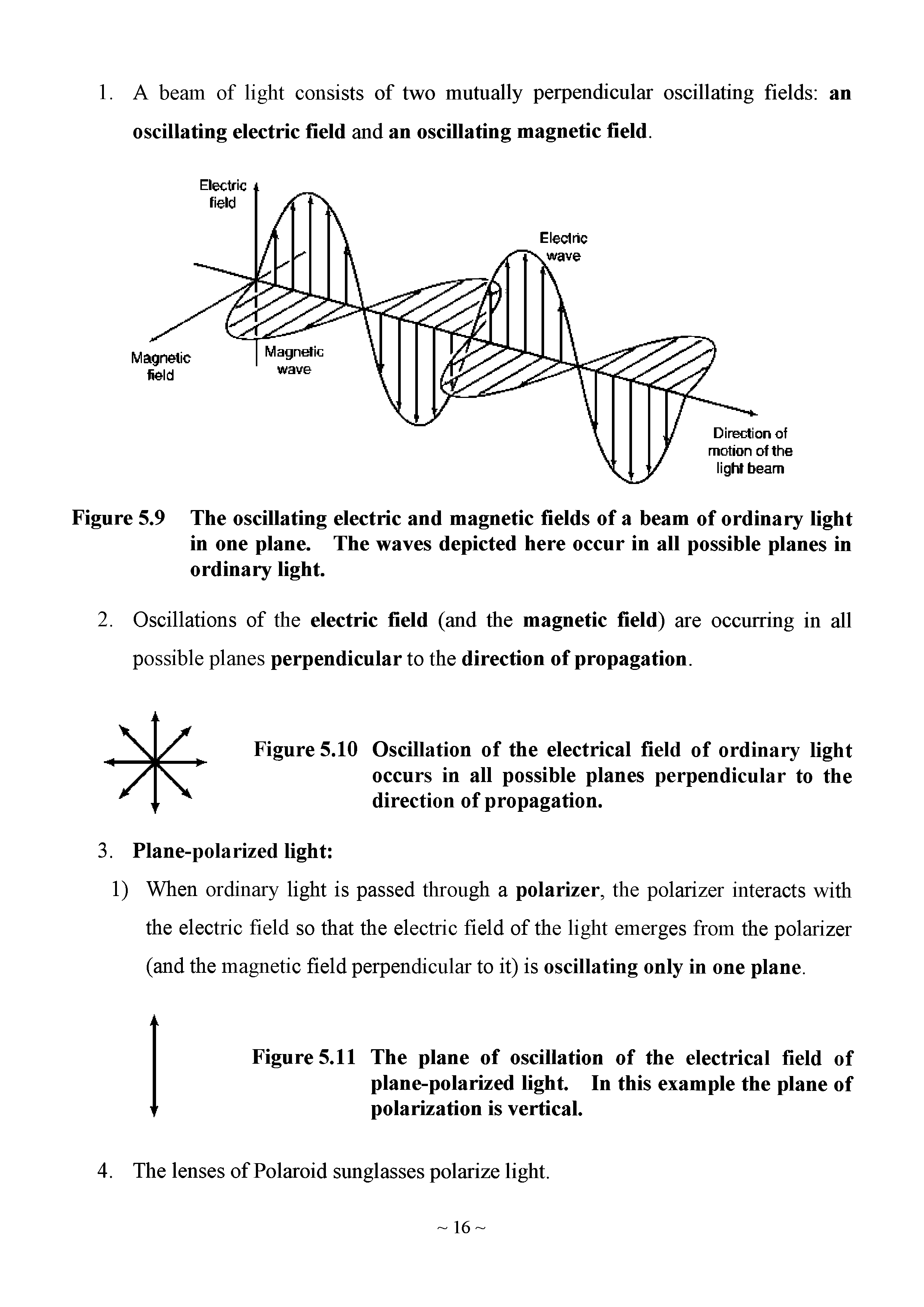 Figure 5.11 The plane of oscillation of the electrical field of plane-polarized light. In this example the plane of polarization is vertical.