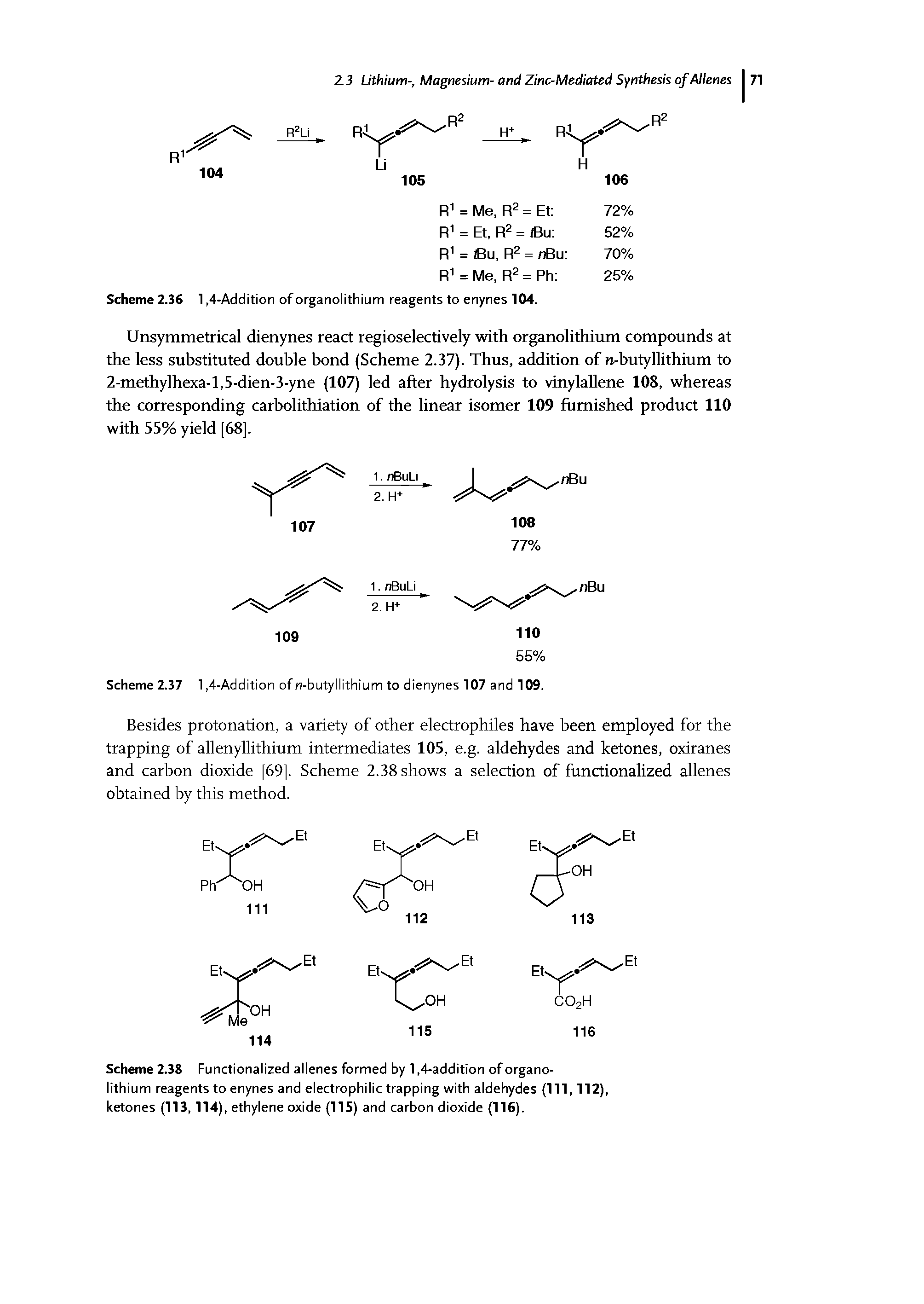 Scheme 2.38 Functionalized allenes formed by 1,4-addition of organolithium reagents to enynes and electrophilic trapping with aldehydes (111, 112) ketones (113,114), ethylene oxide (115) and carbon dioxide (116).