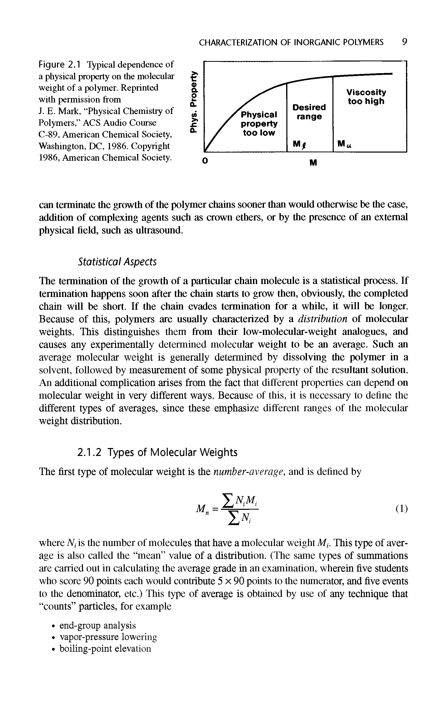 Figure 2.1 Typical dependence of a physical property on the molecular weight of a polymer. Reprinted with permission from J. E. Mark, Physical Chemistry of Polymers, ACS Audio Course C-89, American Chemical Society, Washington, DC, 1986. Copyright 1986, American Chemical Society.