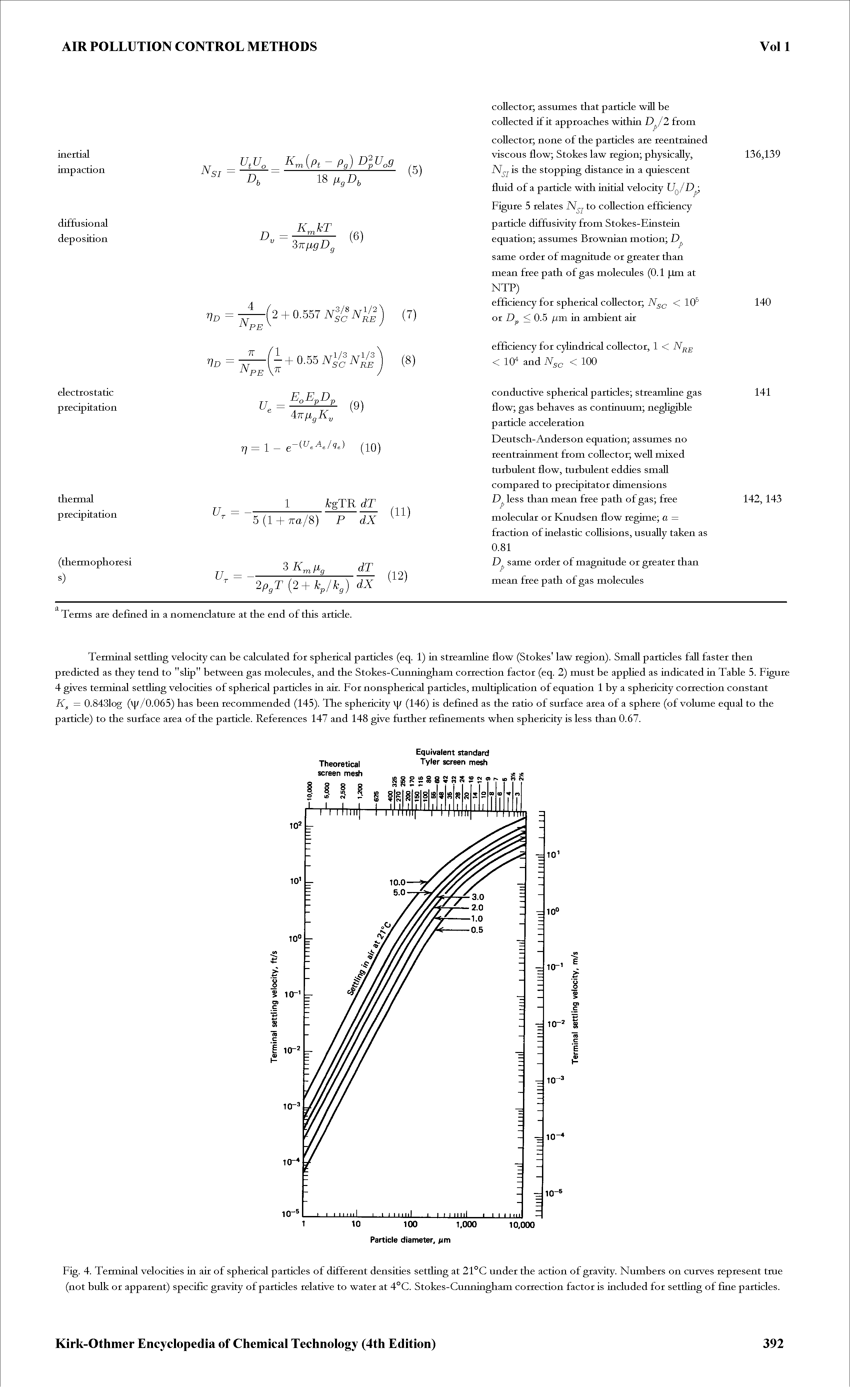 Fig. 4. Terminal velocities in air of spherical particles of different densities settling at 21°C under the action of gravity. Numbers on curves represent tme (not bulk or apparent) specific gravity of particles relative to water at 4°C. Stokes-Cunningham correction factor is included for settling of fine particles.