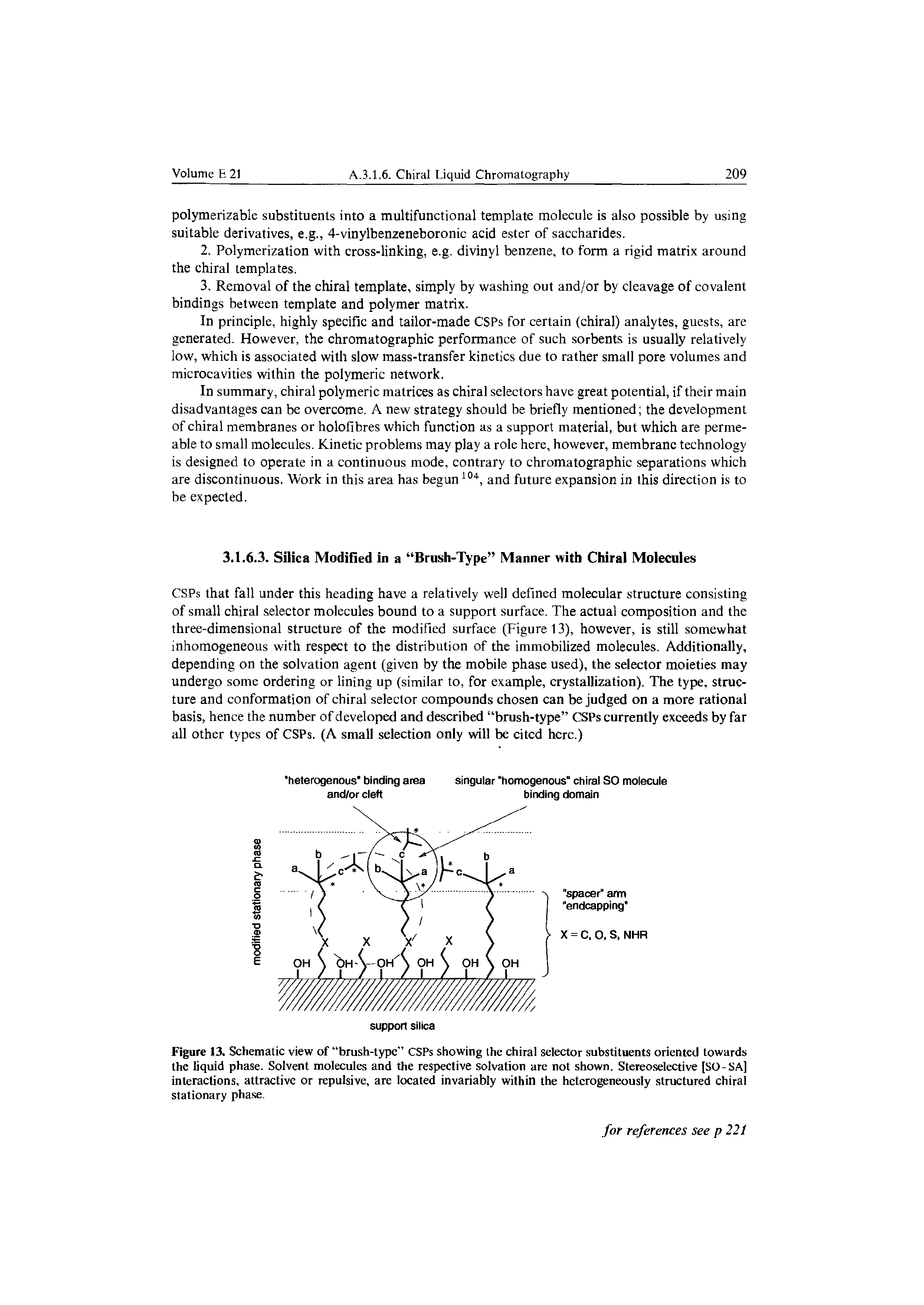 Figure 13. Schematic view of brush-type CSPs showing the chiral selector substituents oriented towards the liquid phase. Solvent molecules and the respective solvation are not shown. Stereoselective [SO-SA] interactions, attractive or repulsive, are located invariably within the heterogeneously structured chiral stationary phase.