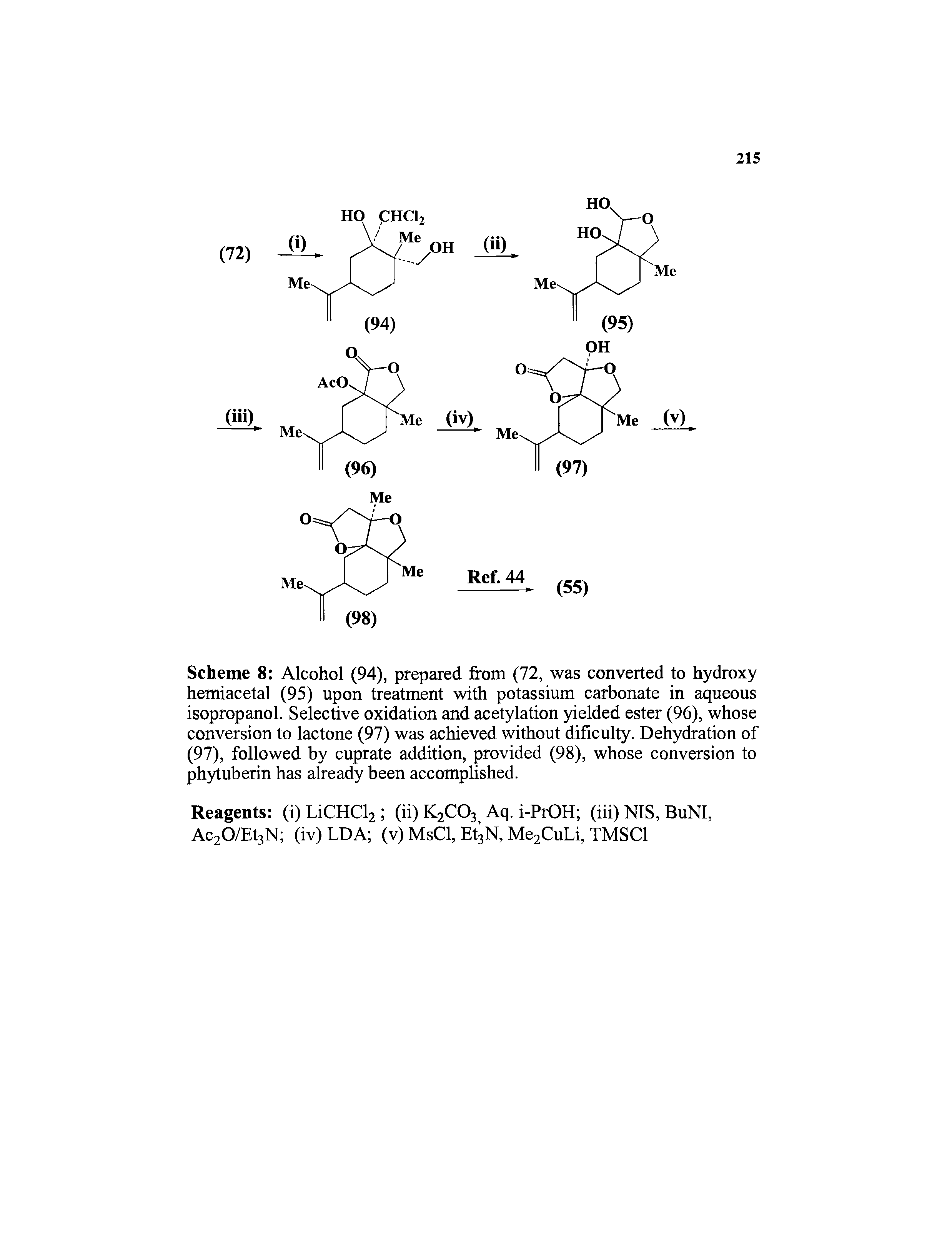 Scheme 8 Alcohol (94), prepared from (72, was converted to hydroxy hemiacetal (95) upon treatment with potassium carbonate in aqueous isopropanol. Selective oxidation and acetylation yielded ester (96), whose conversion to lactone (97) was achieved without dificulty. Dehydration of (97), followed by cuprate addition, provided (98), whose conversion to phytuberin has already been accomplished.