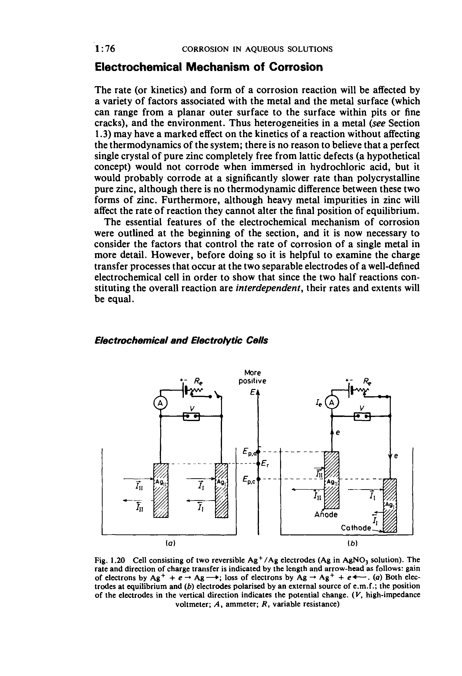 Fig. 1.20 Cell consisting of two reversible Ag /Ag electrodes (Ag in AgN03 solution). The rate and direction of charge transfer is indicated by the length and arrow-head as follows gain of electrons by Ag -he- Ag—> loss of electrons by Ag - Ag + e- —. (o) Both electrodes at equilibrium and (f>) electrodes polarised by an external source of e.m.f. the position of the electrodes in the vertical direction indicates the potential change. (K, high-impedance voltmeter A, ammeter R, variable resistance)...