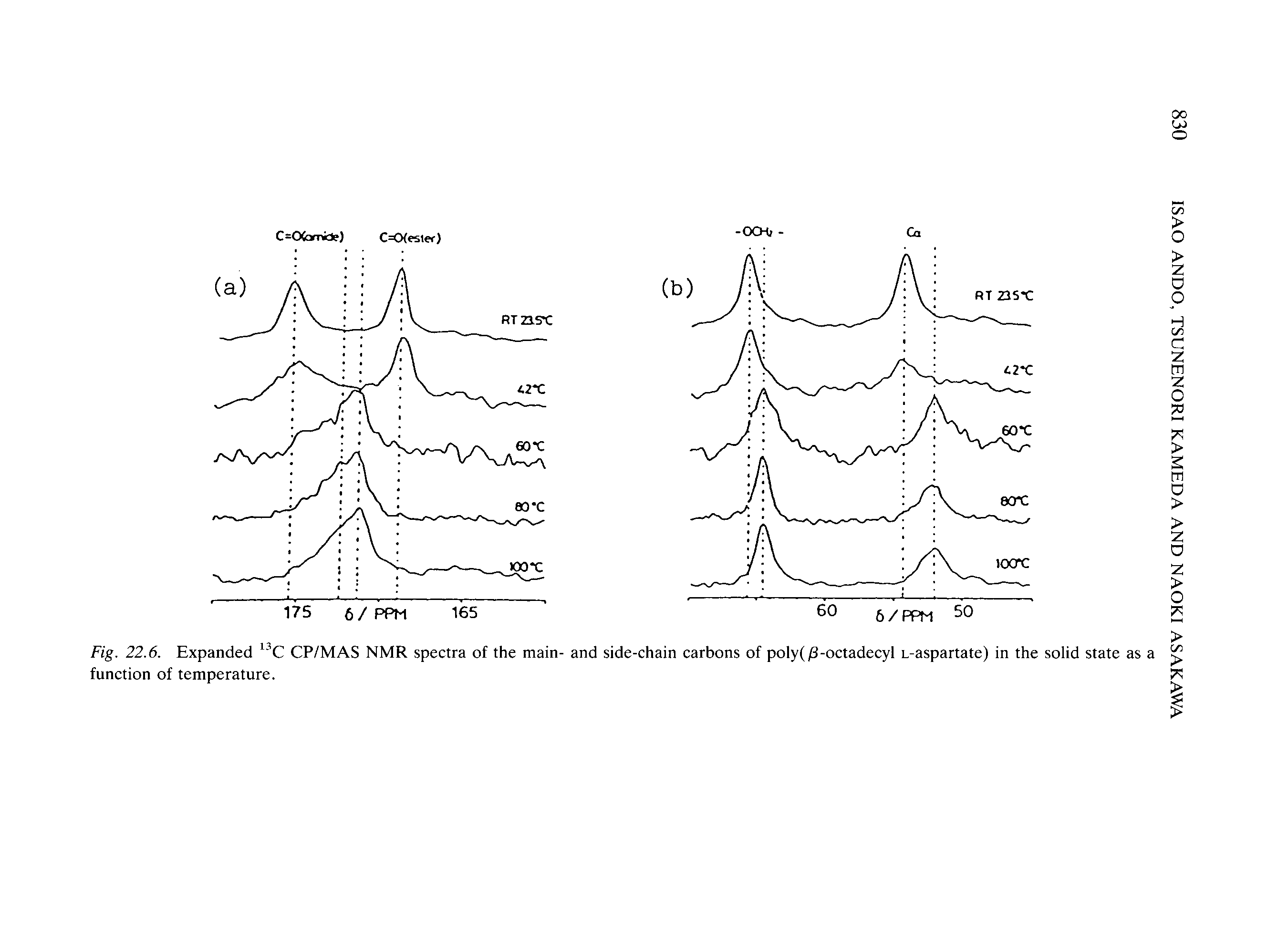 Fig. 22.6. Expanded CP/MAS NMR spectra of the main- and side-chain carbons of poly( 3-octadecyl L-aspartate) in the solid state as a function of temperature.