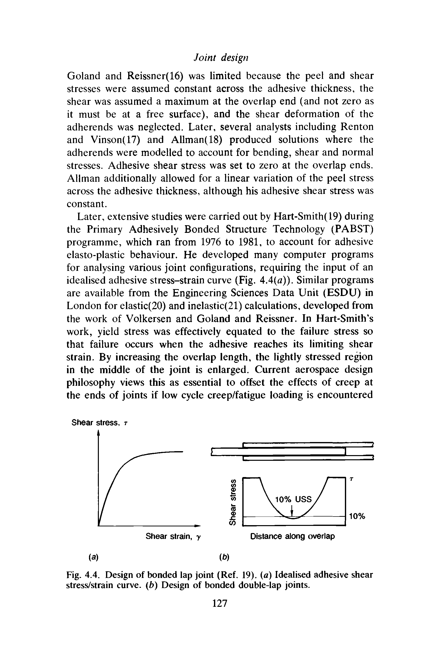 Fig. 4.4. Design of bonded lap joint (Ref. 19). (a) Idealised adhesive shear stress/strain curve. (f>) Design of bonded double-lap joints.
