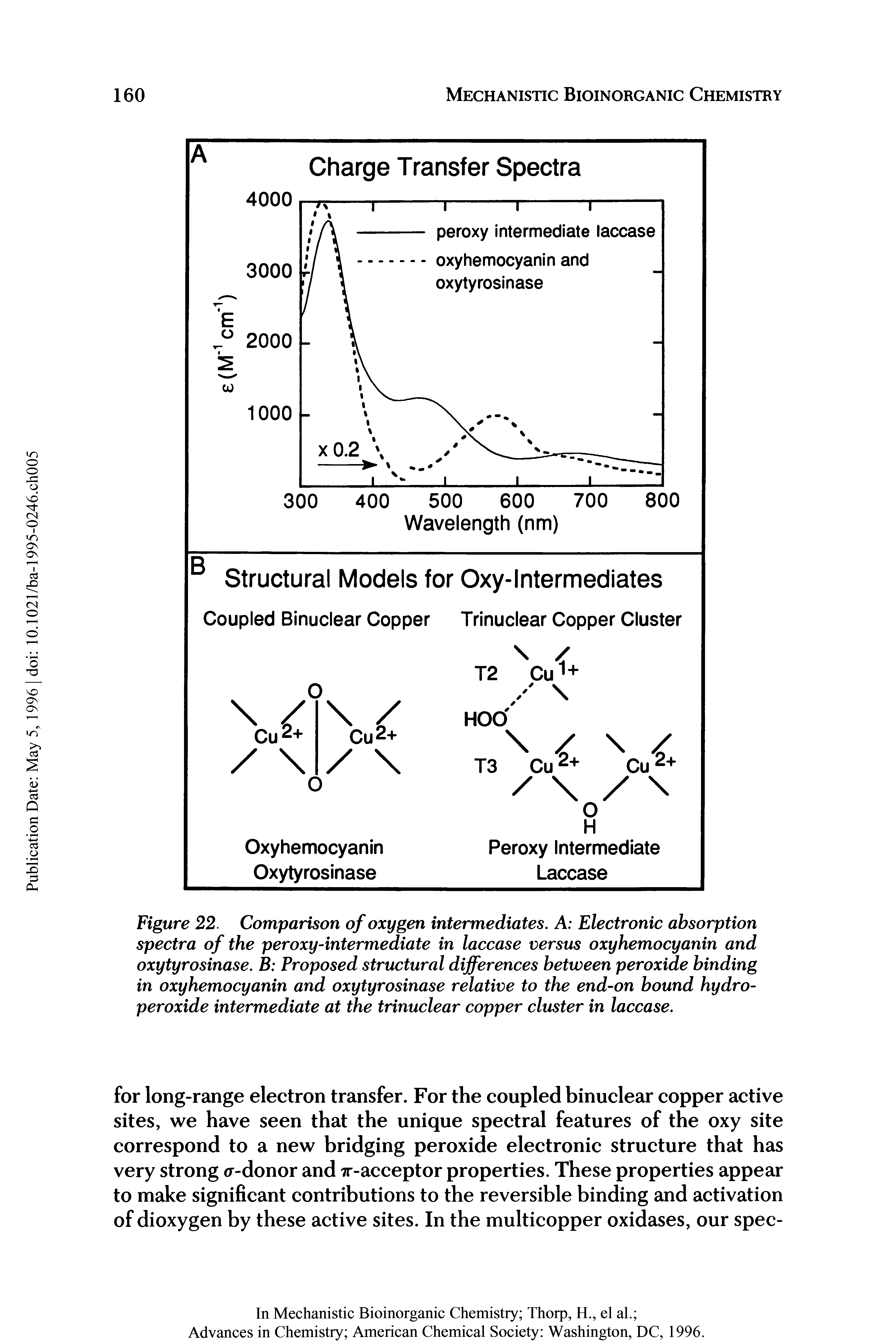 Figure 22. Comparison of oxygen intermediates. A Electronic absorption spectra of the peroxy-intermediate in laccase versus oxyhemocyanin and oxytyrosinase. B Proposed structural differences between peroxide binding in oxyhemocyanin and oxytyrosinase relative to the end-on bound hydroperoxide intermediate at the trinuclear copper cluster in laccase.