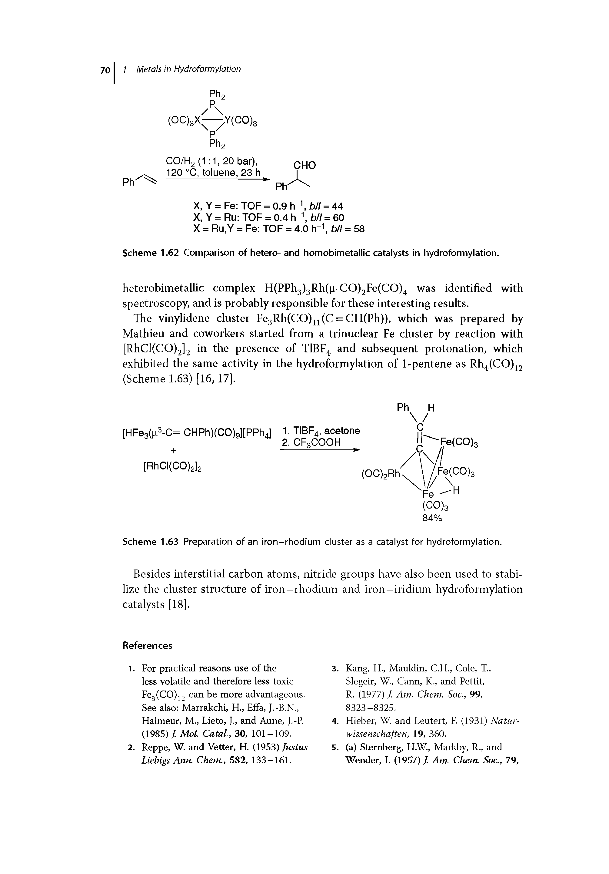 Scheme 1.62 Comparison of hetero- and homobimetallic catalysts in hydroformylation.