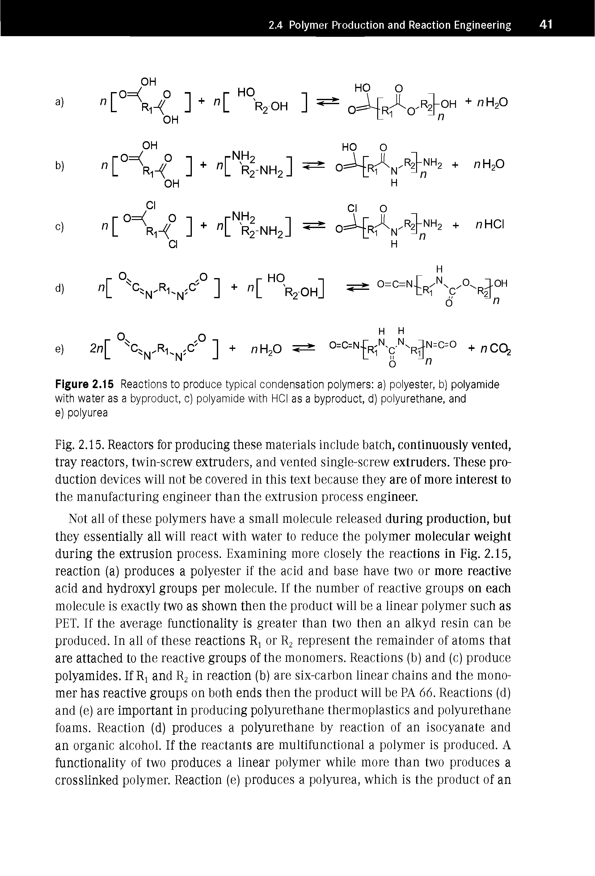 Figure 2.15 Reactions to produce typical condensation polymers a) polyester, b) polyamide with water as a byproduct, c) polyamide with HCI as a byproduct, d) polyurethane, and e) polyurea...