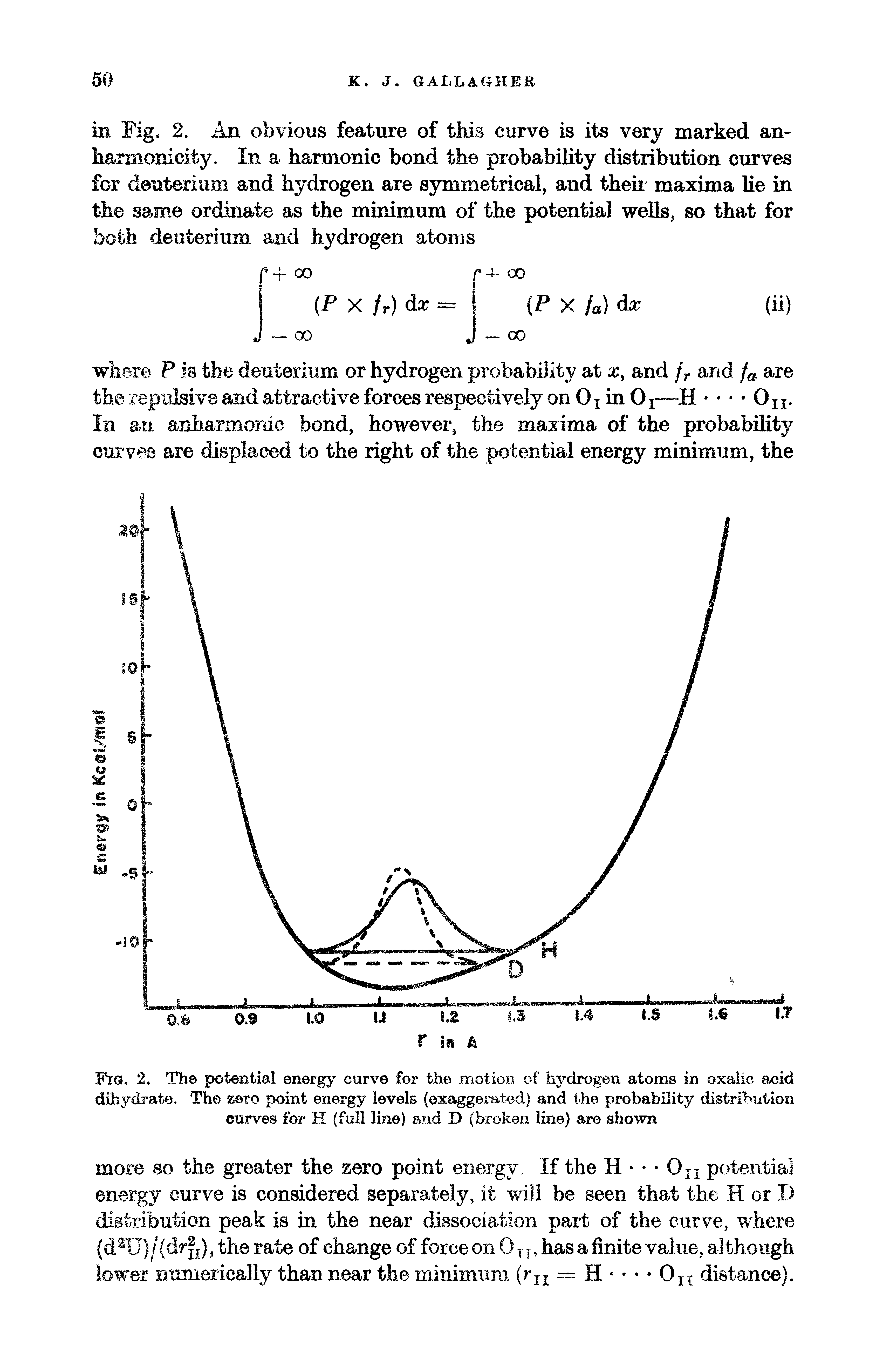 Fig. 2. The potential energy curve for the motion of hydrogen atoms in oxalic acid dihydrate. The zero point energy levels (exaggerated) and the probability distribution curves for H (full line) and D (broken line) are shown...