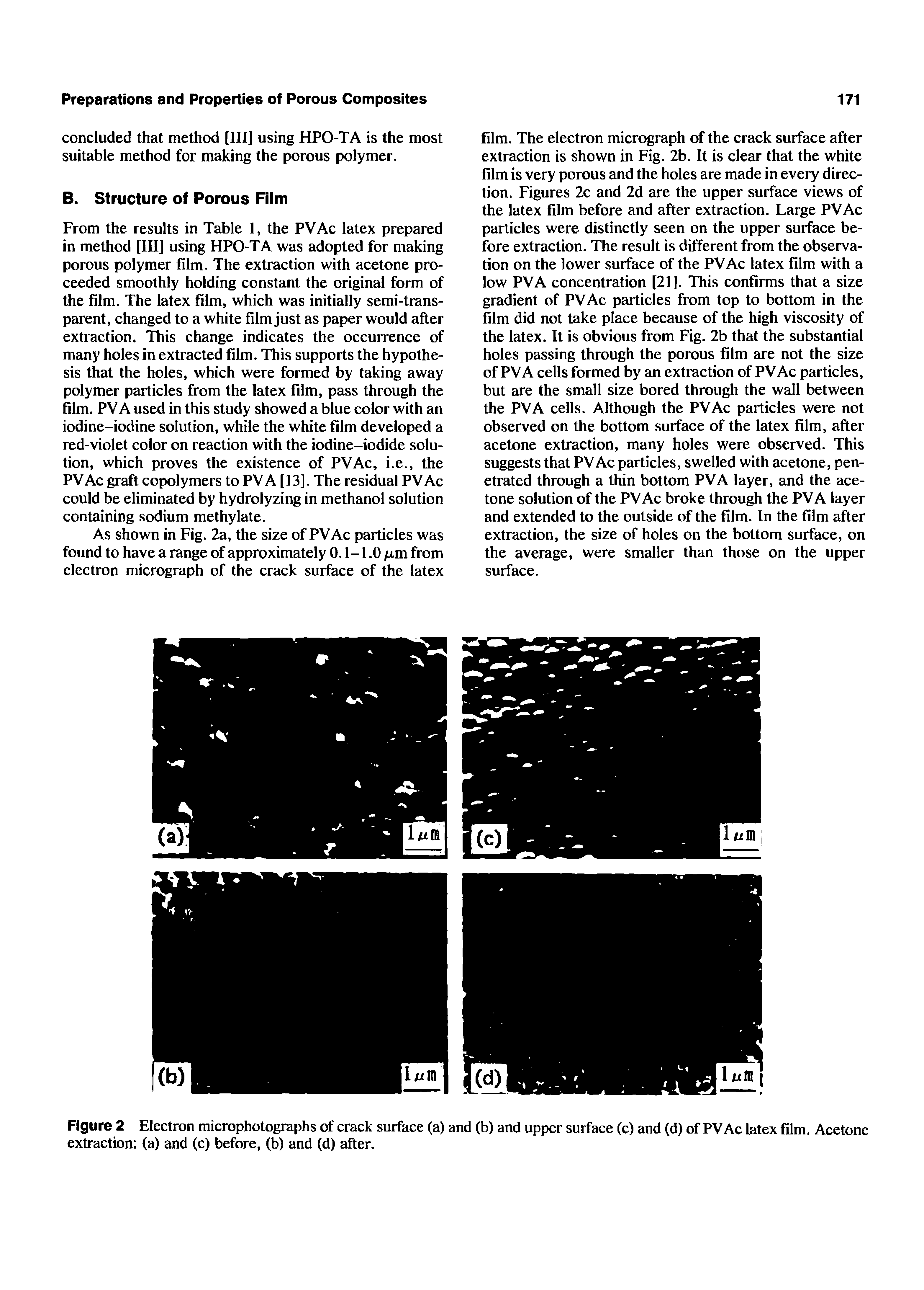 Figure 2 Electron microphotographs of crack surface (a) and (b) and upper surface (c) and (d) of PVAc latex film. Acetone extraction (a) and (c) before, (b) and (d) after.