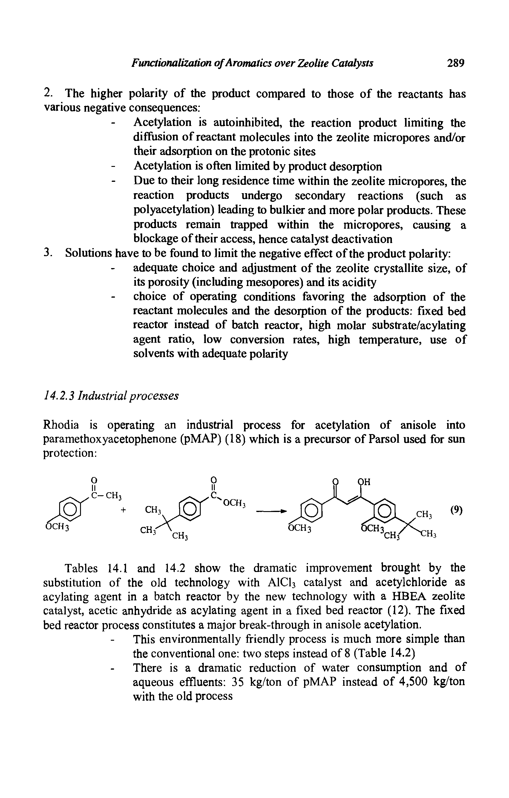 Tables 14.1 and 14.2 show the dramatic improvement brought by the substitution of the old technology with AICI3 catalyst and acetylchloride as acylating agent in a batch reactor by the new technology with a HBEA zeolite catalyst, acetic anhydride as acylating agent in a fixed bed reactor (12). The fixed bed reactor process constitutes a major break-through in anisole acetylation.