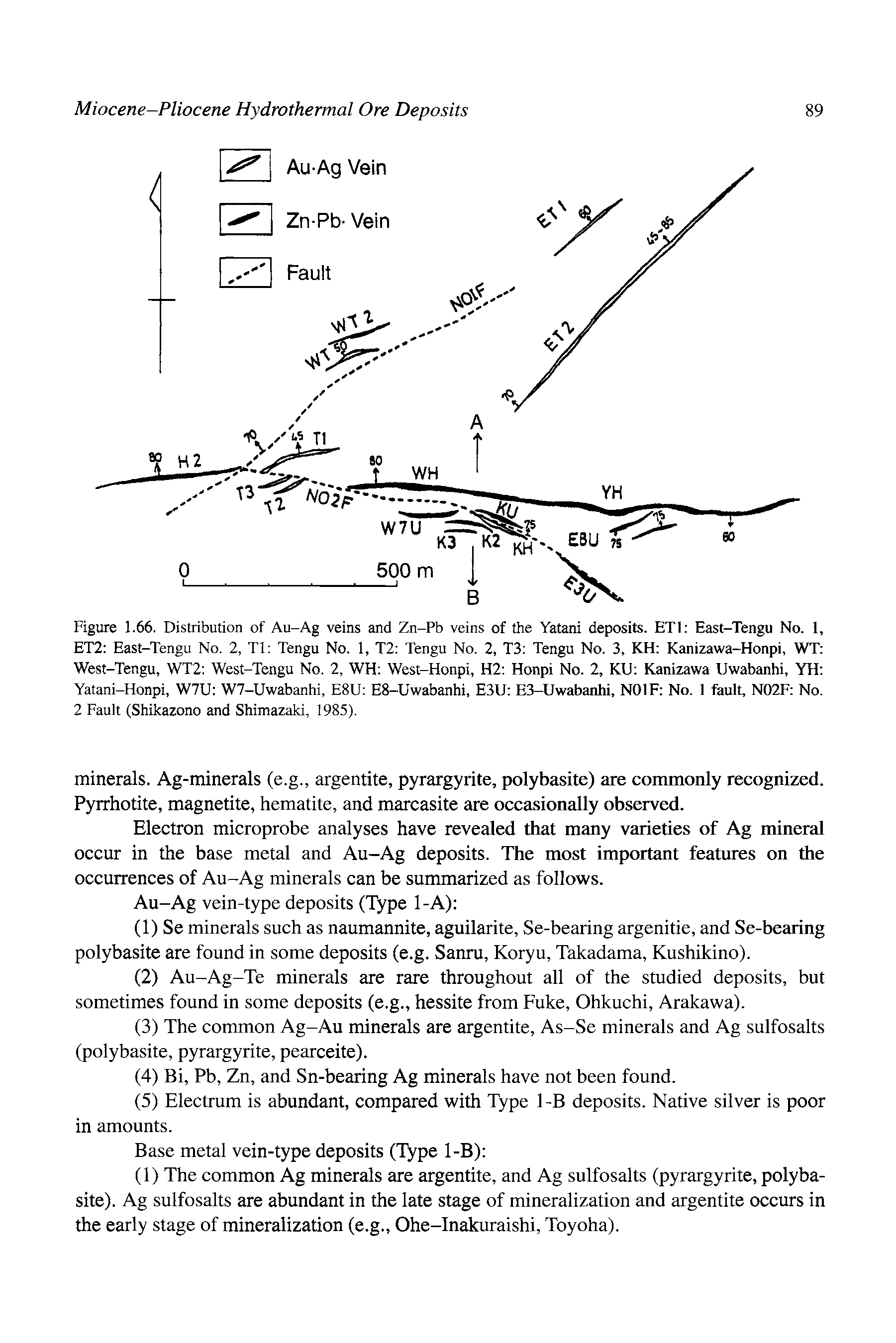 Figure 1.66. Distribution of Au-Ag veins and Zn-Pb veins of the Yatani deposits. ETI East-Tengu No. 1, ET2 East-Tengu No. 2, Tl Tengu No. 1, T2 Tengu No. 2, T3 Tengu No. 3, KH Kanizawa-Honpi, WT West-Tengu, WT2 West-Tengu No. 2, WH West-Honpi, H2 Honpi No. 2, KU Kanizawa Uwabanhi, YH Yatani-Honpi, W7U W7-Uwabanhi, E8U E8-Uwabanhi, E3U E3-Uwabanhi, NOIF No. 1 fault, N02F No. 2 Fault (Shikazono and Shimazaki, 1985).