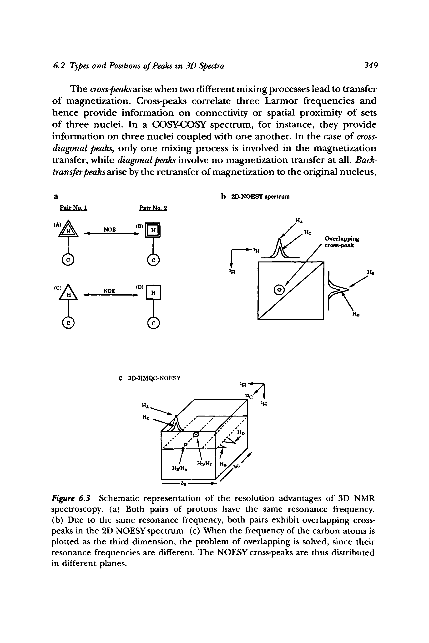 Figure 6.3 Schematic representation of the resolution advantages of 3D NMR spectroscopy, (a) Both pairs of protons have the same resonance frequency, (b) Due to the same resonance frequency, both pairs exhibit overlapping crosspeaks in the 2D NOESY spectrum, (c) When the frequency of the carbon atoms is plotted as the third dimension, the problem of overlapping is solved, since their resonance frequencies are different. The NOESY cross-peaks are thus distributed in different planes.