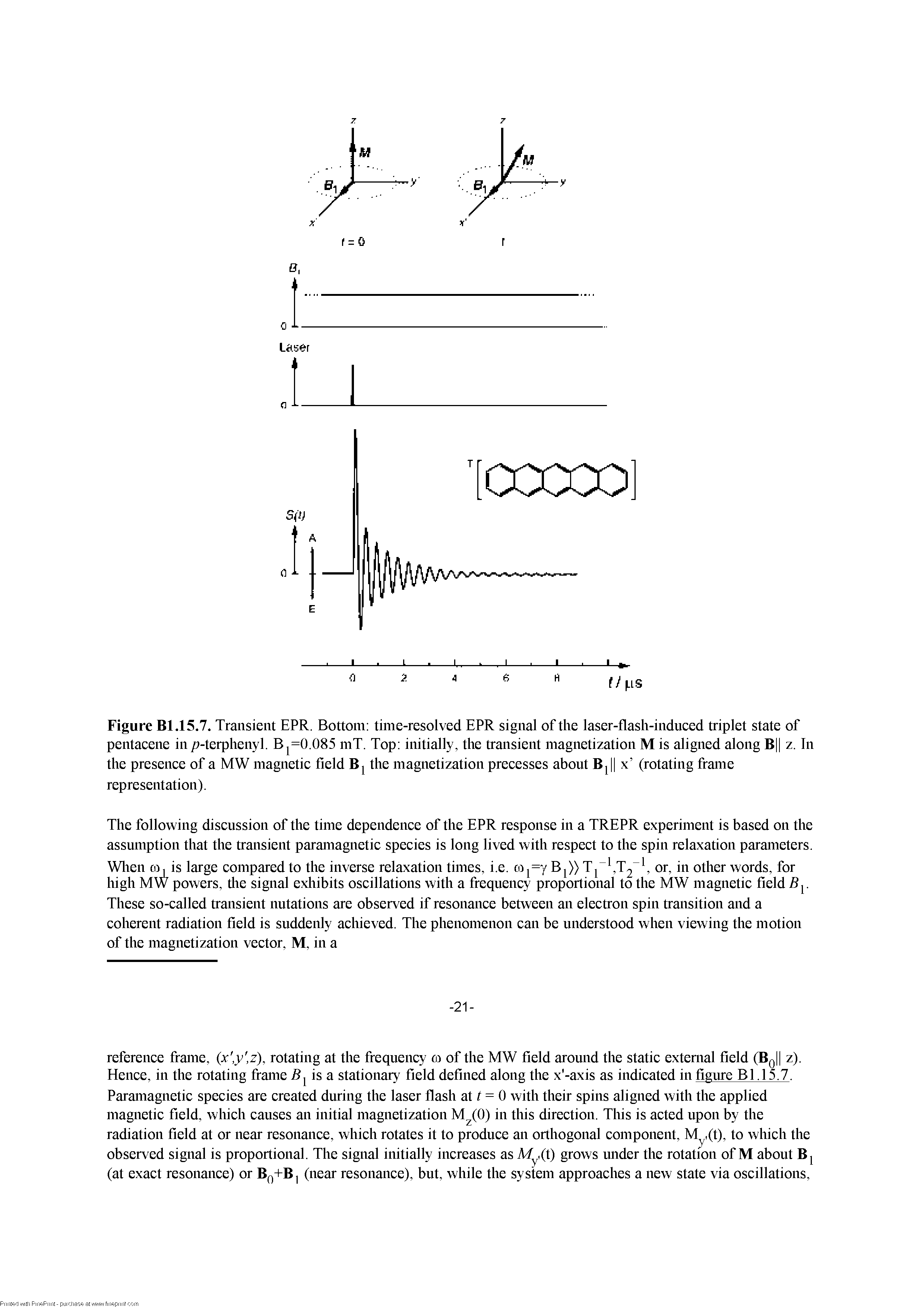 Figure Bl.15.7. Transient EPR. Bottom time-resolved EPR signal of the laser-flash-indueed triplet state of pentaeene in /j-terphenyl. BpO.085 mT. Top initially, the transient magnetization M is aligned along B z. In the presenee of a MW magnetie field B the magnetization preeesses about BJ x (rotating frame representation).