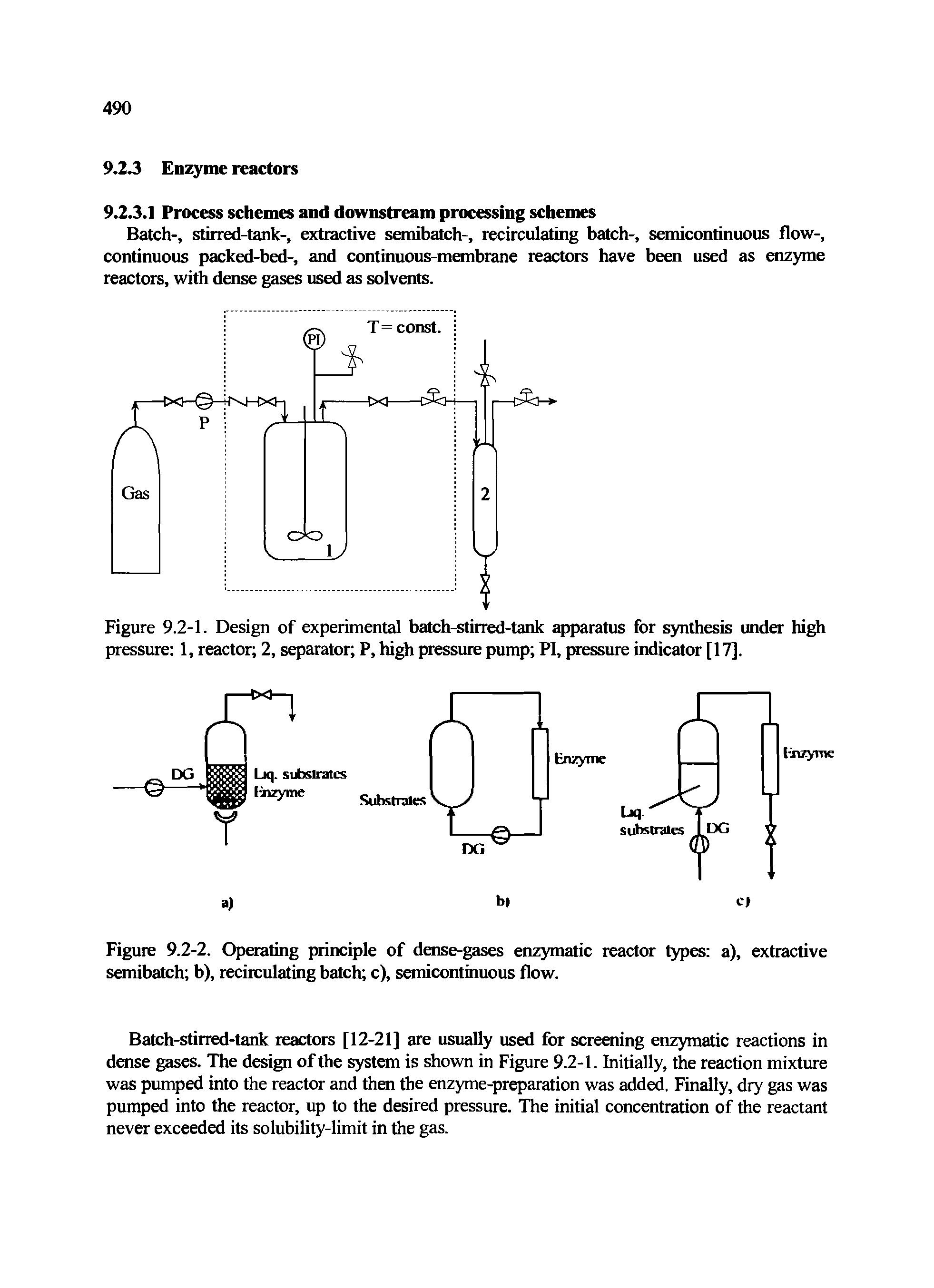 Figure 9.2-1. Design of experimental batch-stirred-tank apparatus for synthesis under high pressure 1, reactor 2, separator P, high pressure pump PI, pressure indicator [17].