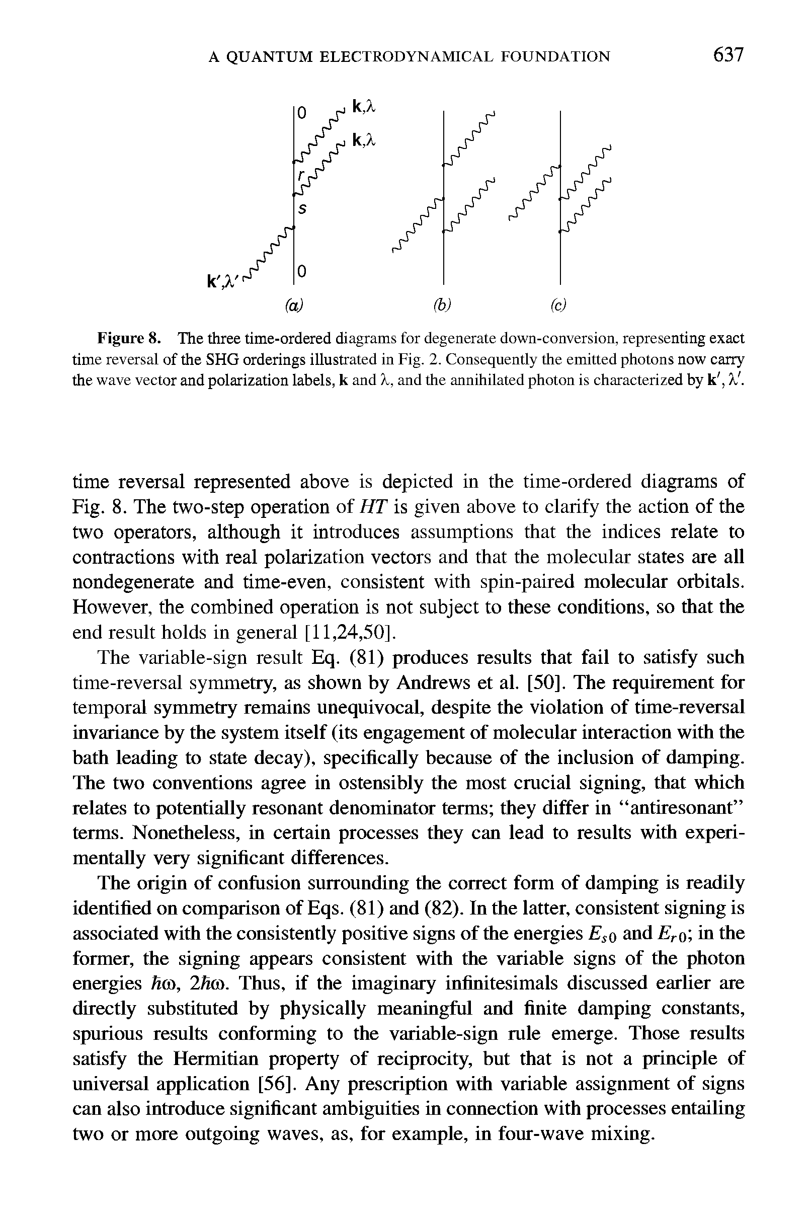 Figure 8. The three time-ordered diagrams for degenerate down-conversion, representing exact time reversal of the SHG orderings illustrated in Fig. 2. Consequently the emitted photons now carry the wave vector and polarization labels, k and X, and the annihilated photon is characterized by k X. ...