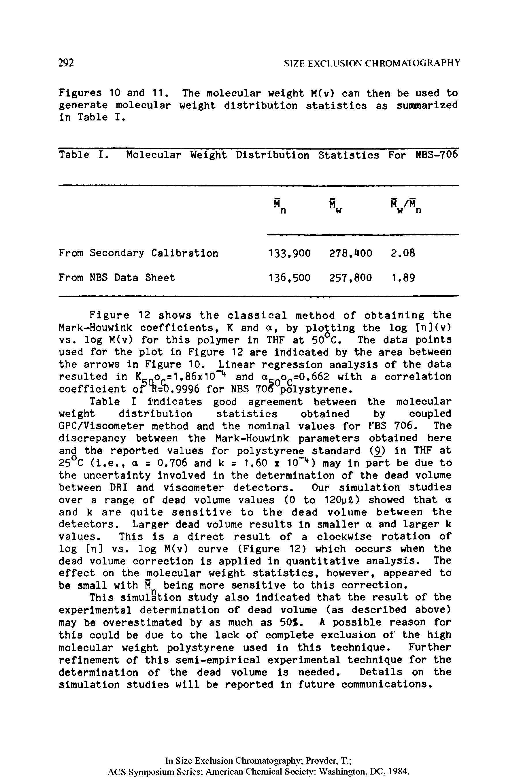 Table I indicates good agreement between the molecular weight distribution statistics obtained by coupled GPC/Viscometer method and the nominal values for t BS 706. The discrepancy between the Mark-Houwink parameters obtained here and the reported values for polystyrene standard ( ) in THF at 25°C (i.e., a = 0,706 and k = 1.60 x 10 ) may in part be due to the uncertainty involved in the determination of the dead volume between DRI and viscometer detectors. Our simulation studies over a range of dead volume values (0 to 120u)l) showed that a and k are quite sensitive to the dead volume between the detectors. Larger dead volume results in smaller o and larger k values. This is a direct result of a clockwise rotation of log [q] vs. log M(v) curve (Figure 12) which occurs when the dead volume correction is applied in quantitative analysis. The effect on the molecular weight statistics, however, appeared to...