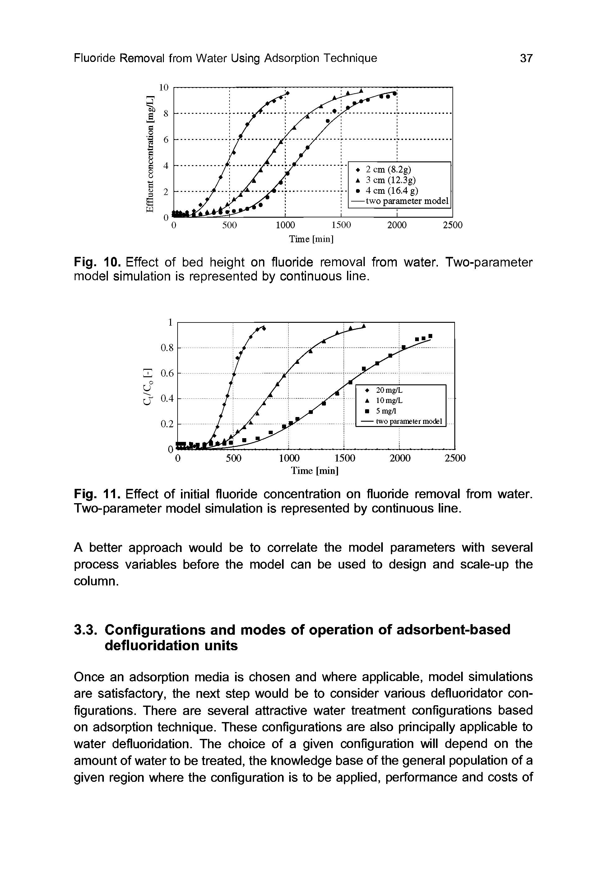 Fig. 10. Effect of bed height on fluoride removal from water. Two-parameter model simulation is represented by continuous line.