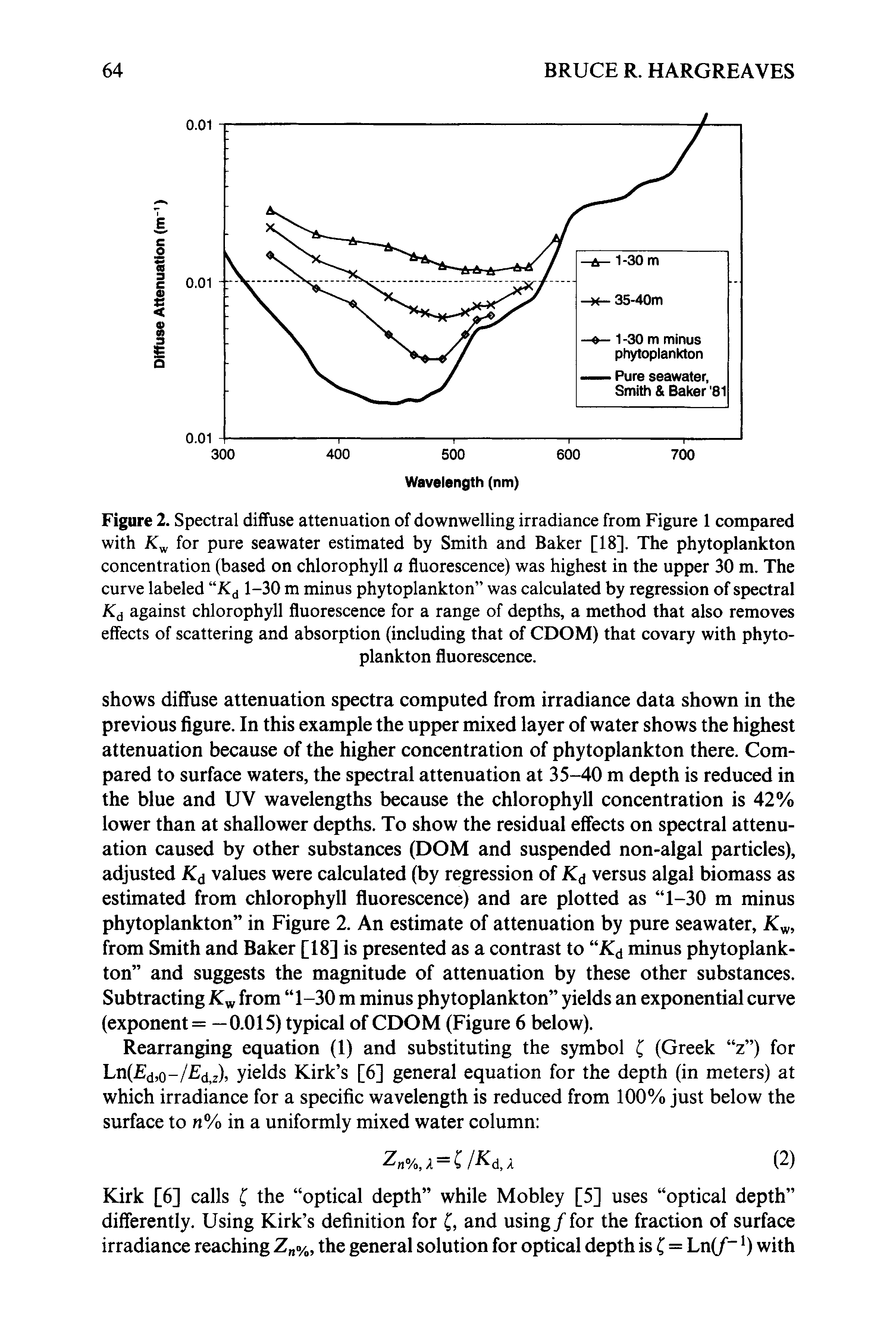 Figure 2. Spectral diffuse attenuation of downwelling irradiance from Figure 1 compared with for pure seawater estimated by Smith and Baker [18], The phytoplankton concentration (based on chlorophyll a fluorescence) was highest in the upper 30 m. The curve labeled 1-30 m minus phytoplankton was calculated by regression of spectral Xjj against chlorophyll fluorescence for a range of depths, a method that also removes effects of scattering and absorption (including that of CDOM) that covary with phytoplankton fluorescence.
