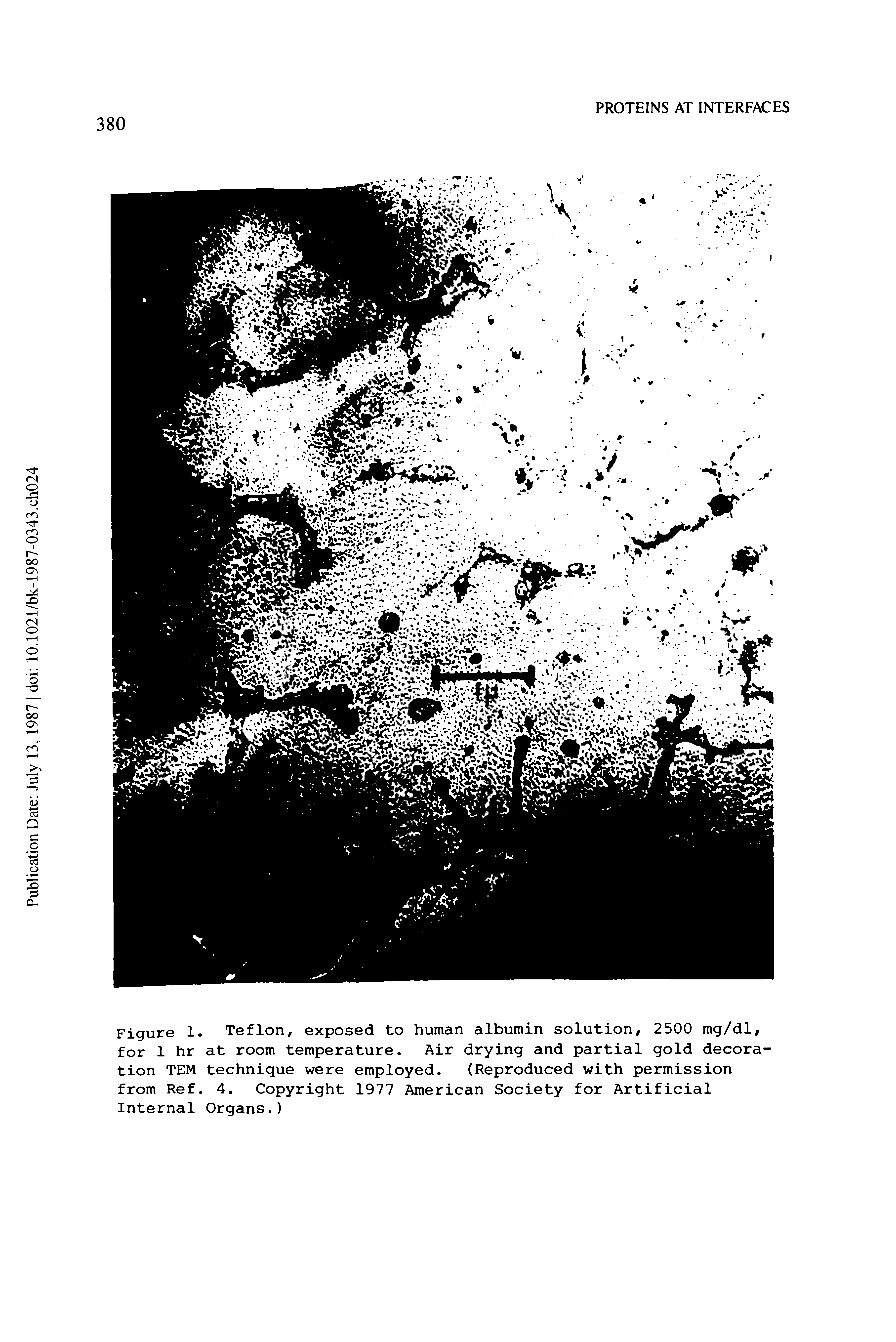 Figure 1. Teflon, exposed to human albumin solution, 2500 mg/dl, for 1 hr at room temperature. Air drying and partial gold decoration TEM technique were employed. (Reproduced with permission from Ref. 4. Copyright 1977 American Society for Artificial Internal Organs.)...