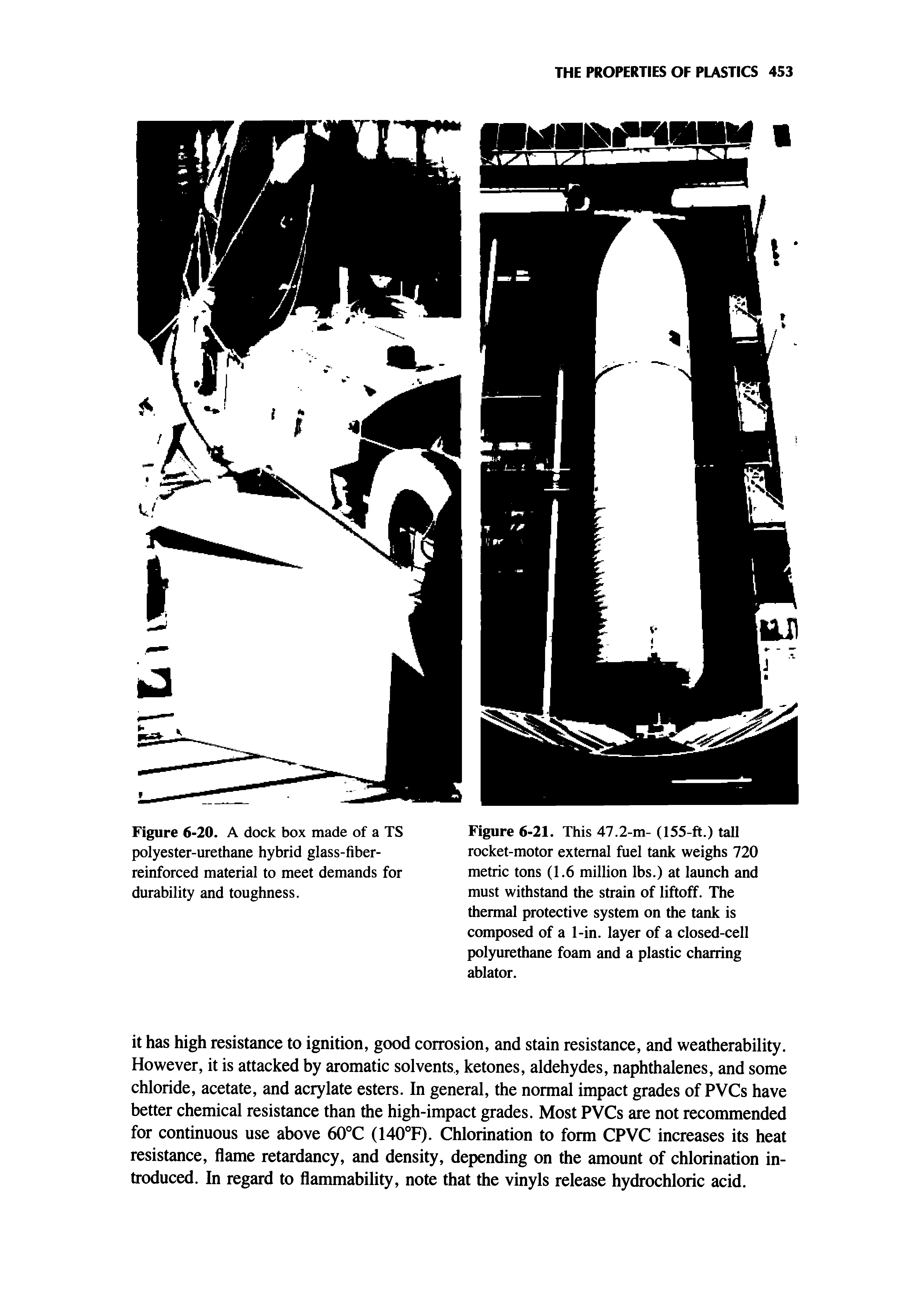 Figure 6-21. This 47.2-m- (155-ft.) tall rocket-motor external fuel tank weighs 720 metric tons (1.6 million lbs.) at launch and must withstand the strain of liftoff. The thermal protective system on the tank is composed of a 1-in. layer of a closed-cell polyurethane foam and a plastic charring ablator.