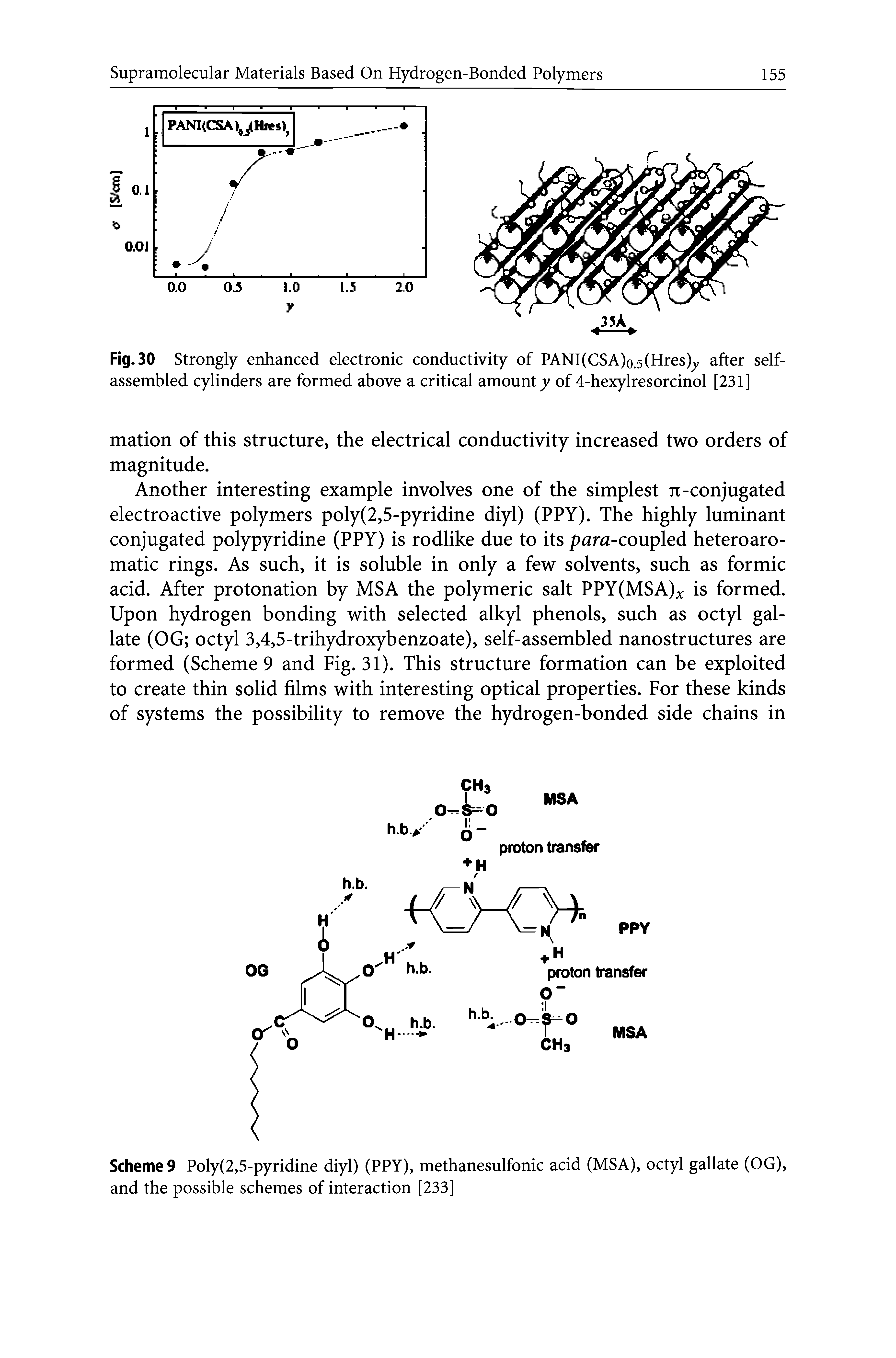 Scheme 9 Poly(2,5-pyridine diyl) (PPY), methanesulfonic acid (MSA), octyl gallate (OG), and the possible schemes of interaction [233]...