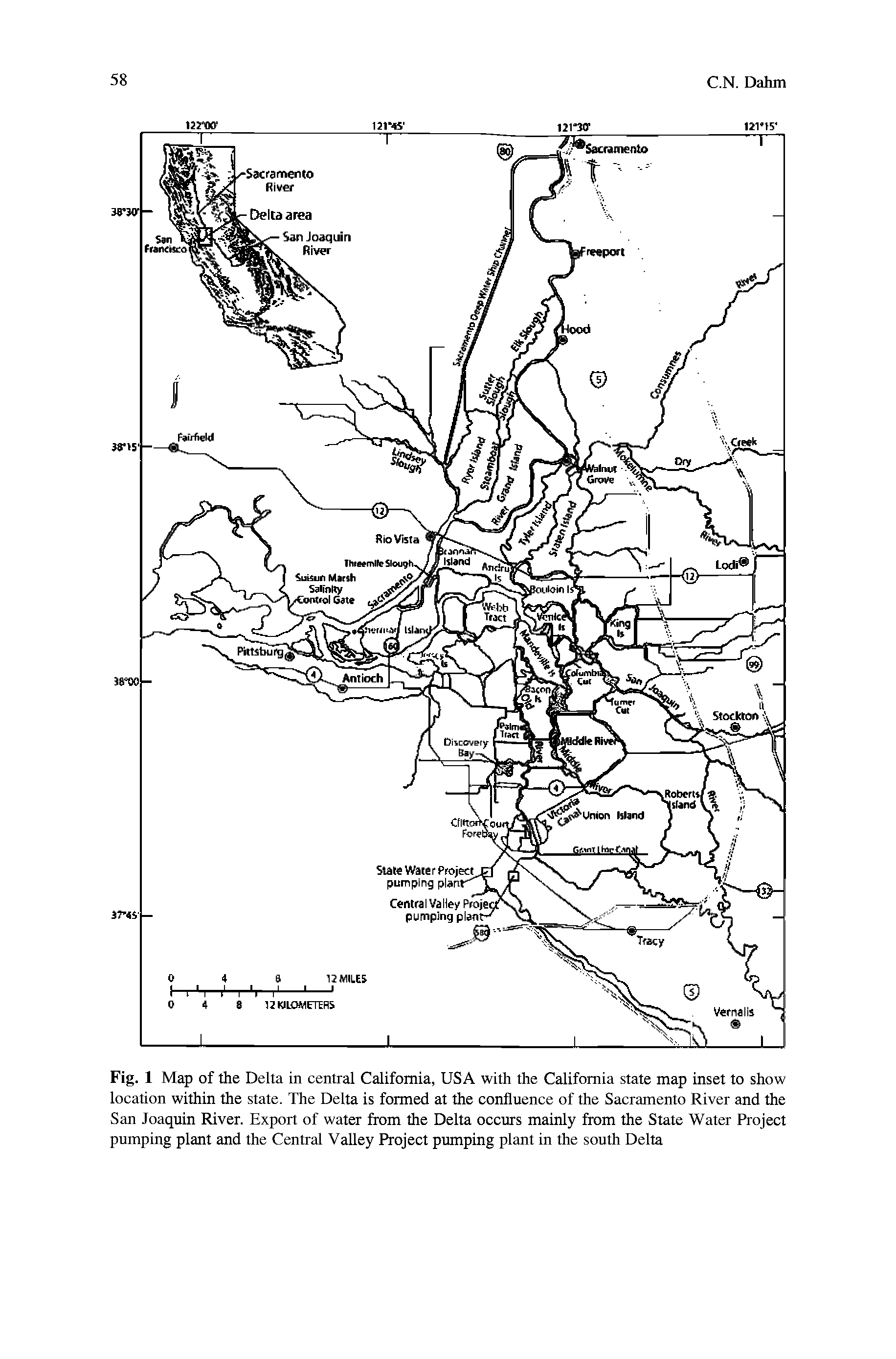 Fig. 1 Map of the Delta in central California, USA with the California state map inset to show location within the state. The Delta is formed at the confluence of the Sacramento River and the San Joaquin River. Export of water from the Delta occurs mainly from the State Water Project pumping plant and the Central Valley Project pumping plant in the south Delta...