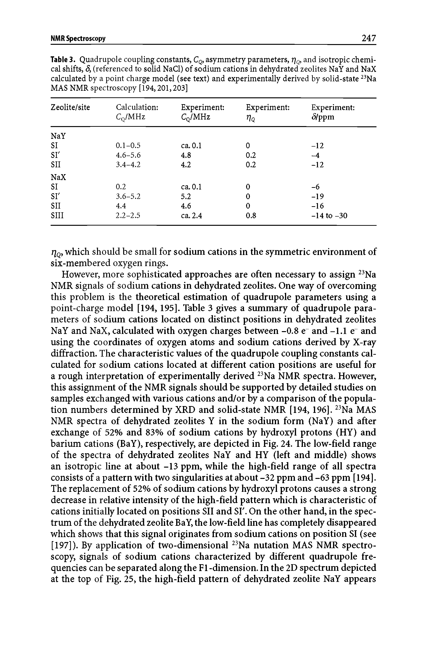 Table 3. Quadrupole coupling constants, Cq, asymmetry parameters, 7]q, and isotropic chemical shifts, 5, (referenced to solid NaCl) of sodium cations in dehydrated zeolites NaY and NaX calculated by a point charge model (see text) and experimentally derived by solid-state Na MAS NMR spectroscopy [194,201,203] ...